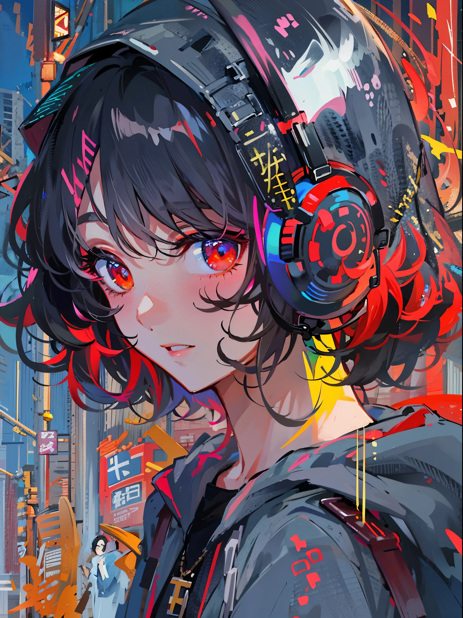 8K分辨率、((top-quality))、((masterpiece))、((ultra-detailliert))、1 woman、独奏、incredibly absurdness、Oversized hoodies、headphones、Street、plein air、Rain at night、neons、Shortcut Hair、Brightly colored eyes、Hands in pockets、shortpants、water dripping、red hairob Hair