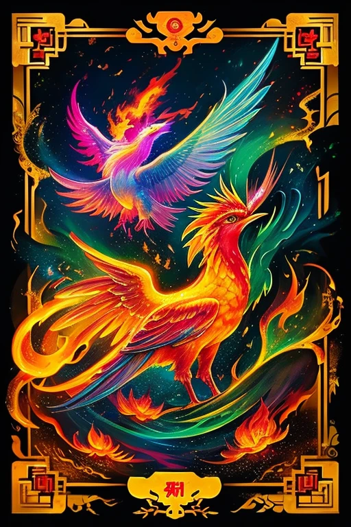 mythical creatures，（（Chinese mythology fire phoenix）），traditional Chinese elements，Ancient murals，dappled light，Hazy haze，mysterious aura，master piece，khd，colorful，Detailed details，Seven colors、oil、firebird