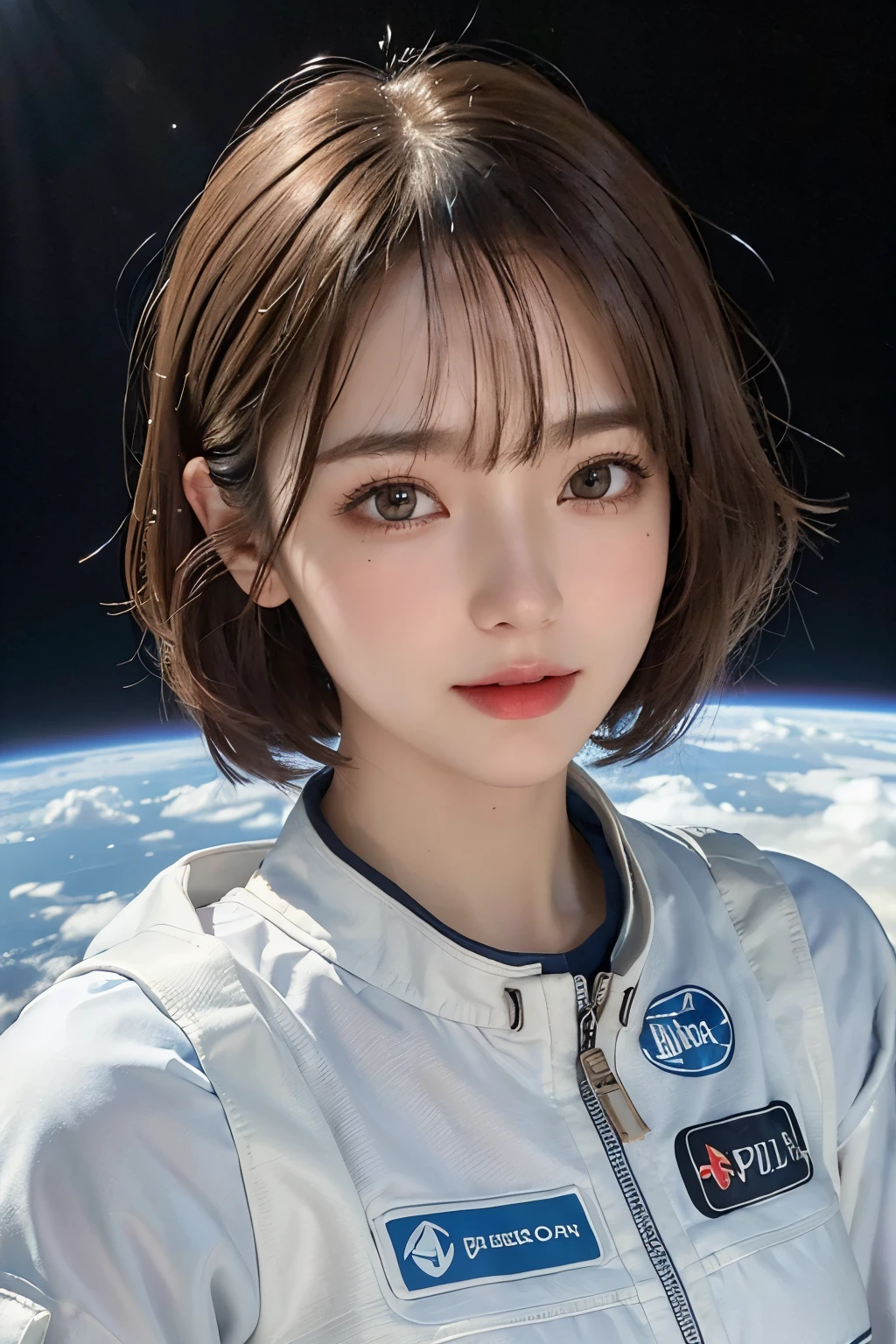 highest quality、masterpiece、ultra high resolution、(real:1.4)、Beautiful woman1、Beautiful details of eyes and skin、smile、light brown short cut hair、The perfect spacesuit、outer space、macrocosm、