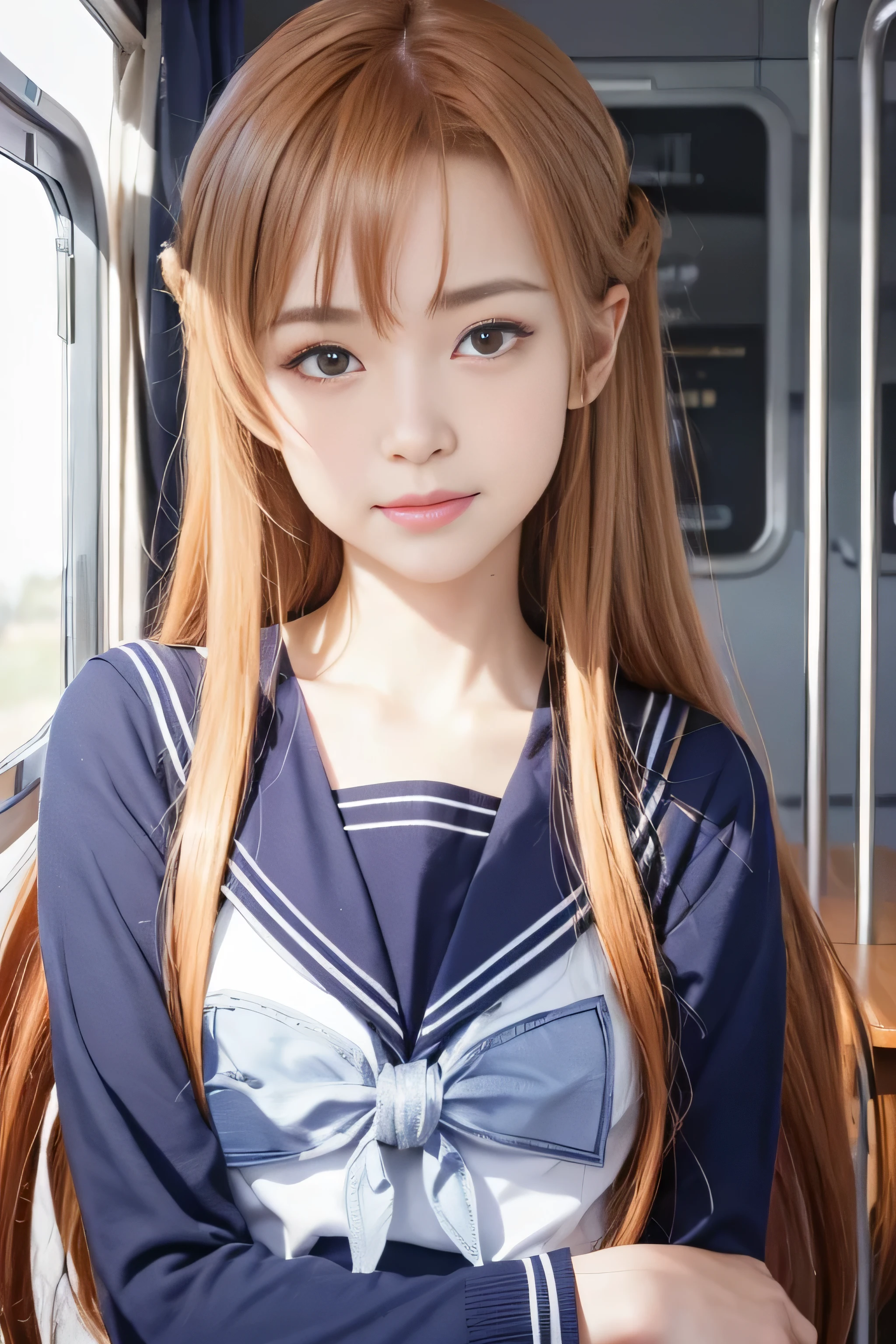 masterpiece, best quality, (realistic,photo-realistic:1.4), (RAW photo:1.2), extremely detailed CG unity 8k wallpaper, delicate and beautiful, amazing,finely detail, official art, absurdres, incredibly absurdres, huge filesize, ultra-detailed,extremely detailed eyes and face,light on face,little smile,asuna yuuki,(caramel hair:1.4),(wearing sailor uniform:1.4),train cabin,long hair
