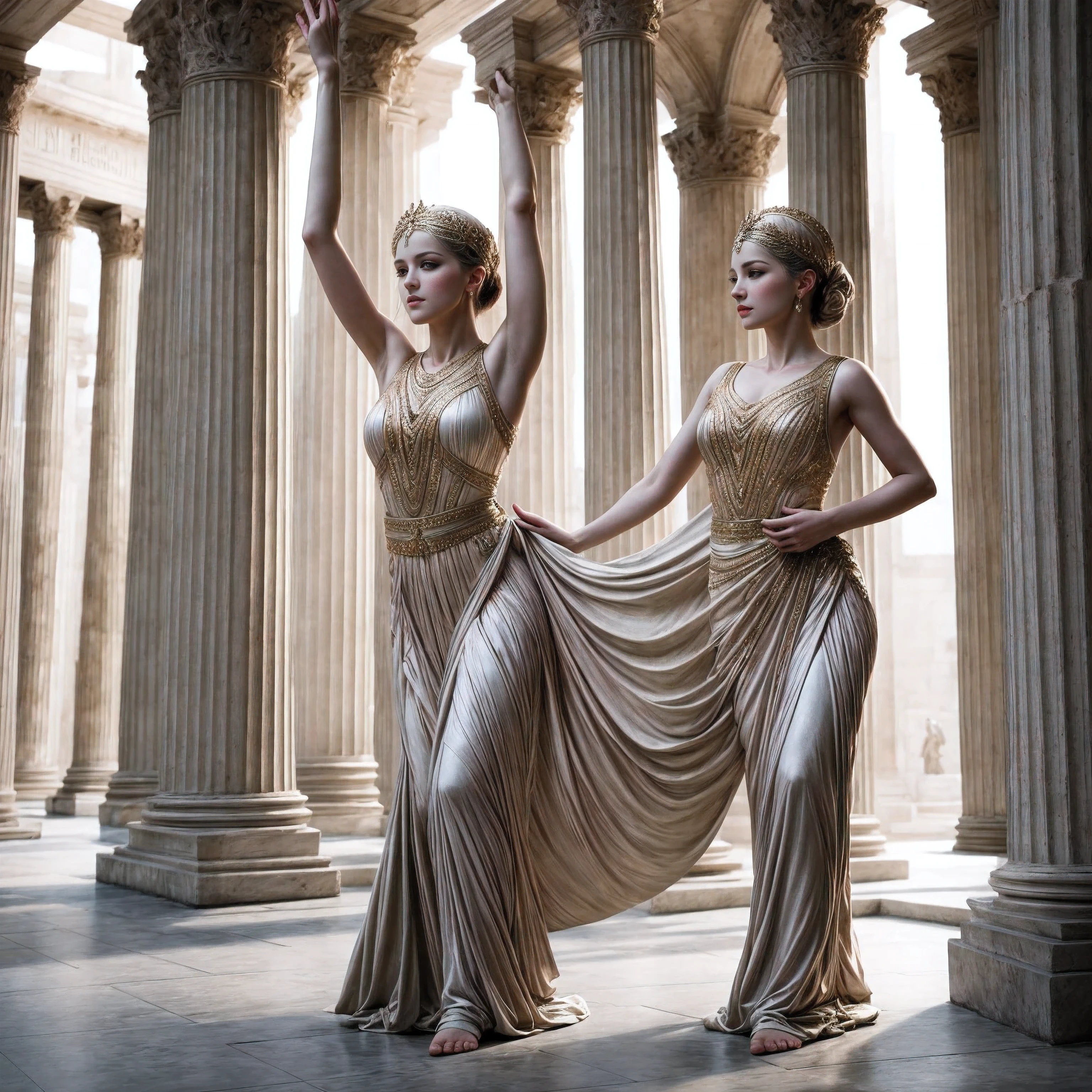 "{{A graceful dancer, inspired by 'La Danseuse de Delphi,'}} performs an elegant pirouette in a sunlit, neoclassical courtyard. The dancer wears a flowing, ethereal costume with intricate details, capturing the essence of classical artistry. The background features ancient Greek columns and statues, providing a timeless and historical setting. The camera, equipped with a 50mm lens, captures the dancer in a medium shot, emphasizing the precision of her movements. The image should be rendered in a photorealistic style, with soft natural lighting that enhances the dancer's form and the classical surroundings. The resolution should be set to 8K for a highly detailed and lifelike portrayal."
