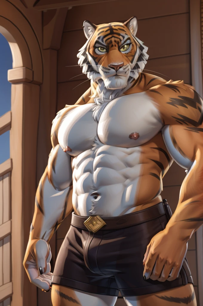 oscarfortnite, yellow eyes, tail, long tail, mature male, (posing:1.3), (soft shading), 4k, hi res, five fingers, detailed hands, ((detailed face, (detailed eyes:1.5), detailed)), by zackarry911, by zaush, (by personalami:0.5), looking at viewer, 1boy, navel, underwear, nipples, male focus, thighs, cowboy shot, stomach, feet out of frame, thick thighs, abs, no pants, bulge, male underwear, bare pectorals