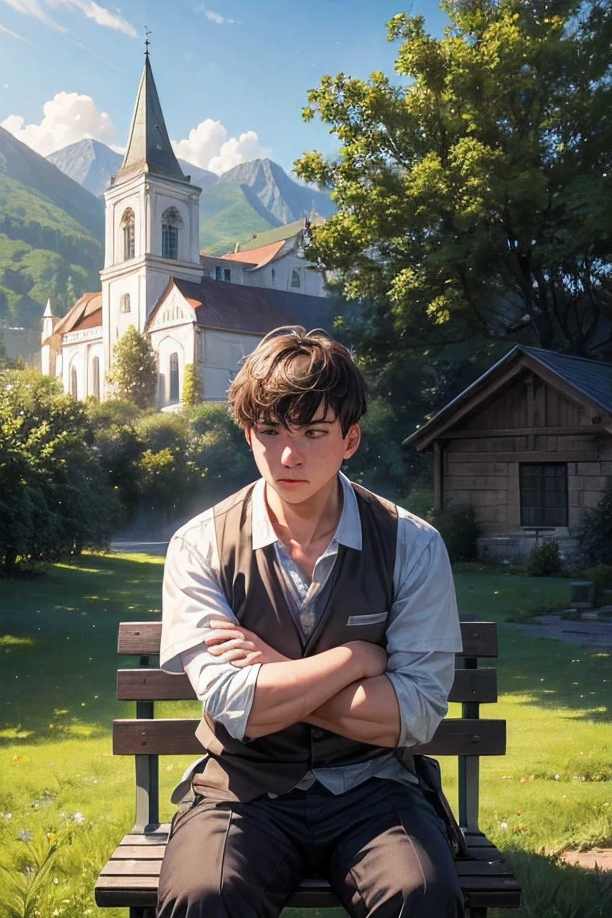 a sad boy sitting on a bench in a square, com uma igreja interior ao fundo, uma vila rural com grandes montanhas verdes ao fundo, (melhor qualidade, 4k, high resolution, obra de arte:1.2), ultra-detalhado, (realista:1.37), Retratos, traditional oil painting, cores vibrantes, luz solar suave, atmosfera tranquila.