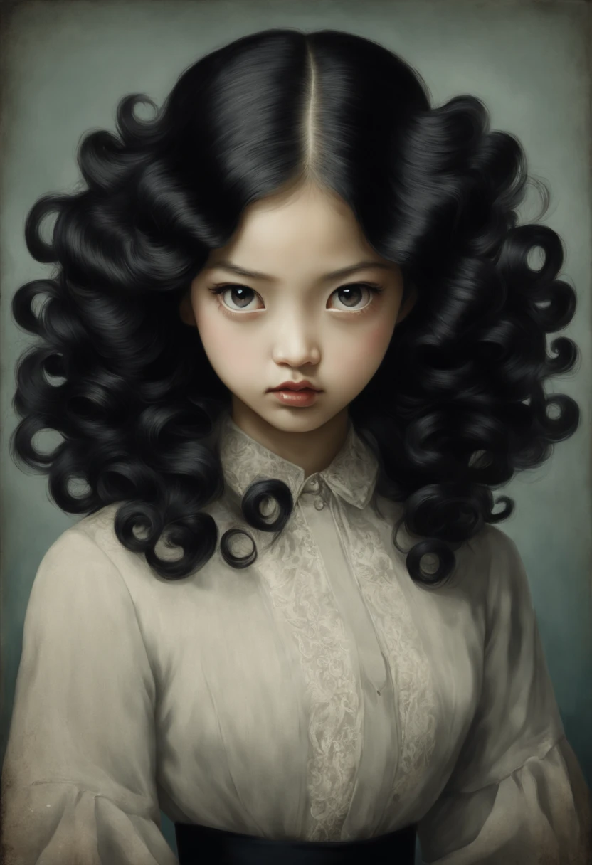 A cute and beautiful girl，long black hair，curls，Serious expression，Mystery，Junji Ito's style，front，Vintage portrait，（（（A source of inspiration：Mark Leyden）））
