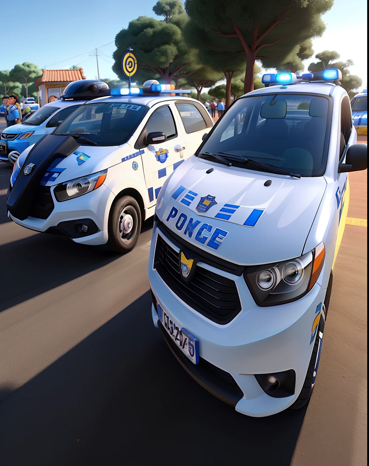 carros de policia estilo disney pixar nas cores branco, preto e vermelho
