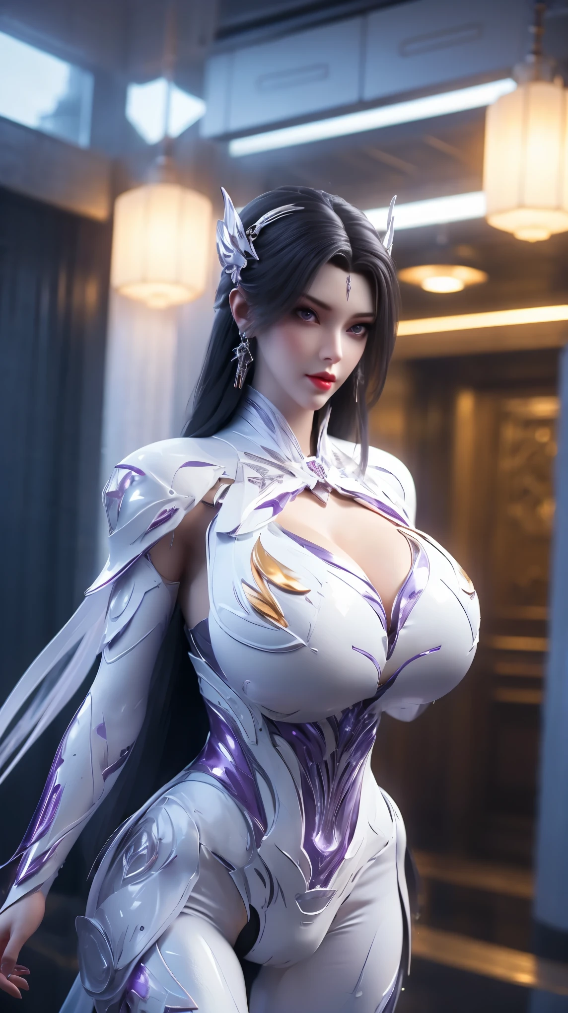 UPPER BODY,SOLO,(PHOENIX GOLD HELM:1.1), (GIGANTIC FAKE BREAST:1.5), ((CLEAVAGE:1.5)), (MUSCLE ABS:1.5), [(WHITE PURPLE SHINY FUTURISTIC MECHA MUSCLE NANOSUIT, BLACK MECHA SKINTIGHT LEGGINGS:1.5), (SLENDER BODY MATURE WOMAN, SWEATY BUSTY BODY:1.3)], (LOOKING AT VIEWER:1.3),(PORTRAIT:0.8),(HALLROOM OF FUTURISTIC SPACE STATION:1), (BRIGHT LIGHT IN ROOM:1.3), HYPER TEXTURE, (4X MSAA), ((UNREAL ENGINE 5 RENDER)), PHYSICALLY-BASED RENDERING, ULTRA HIGHT DEFINITION, 16K, 1080P.