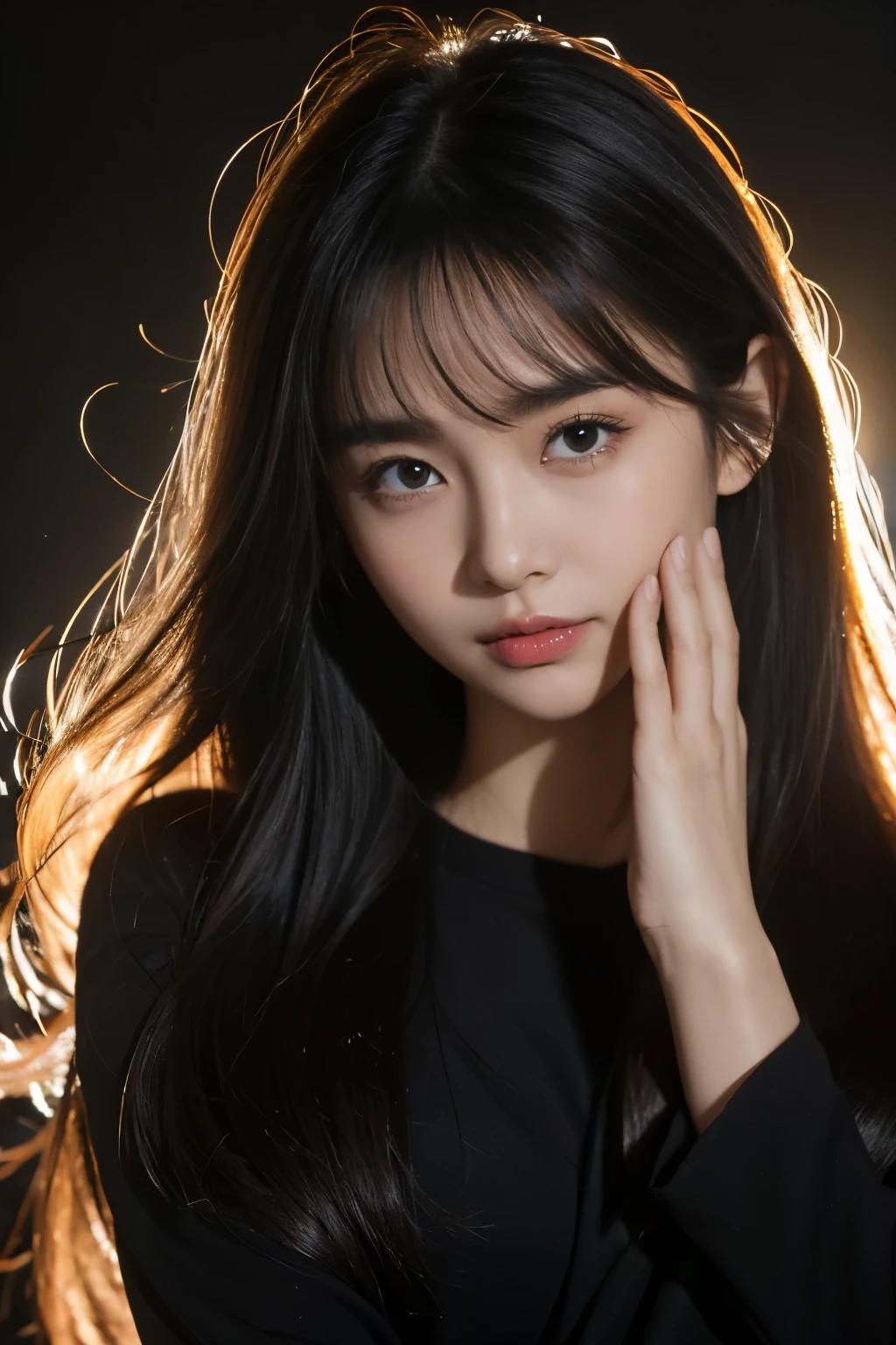 ((crying)), tears, embarrassed, blush):1.1), look at camera, close up, potrait, masterpiece, school, Best quality at best, high qulity, OLGA_mary, black hair, long hair, hair between eye,Very long hair, black background, yellow light rim
