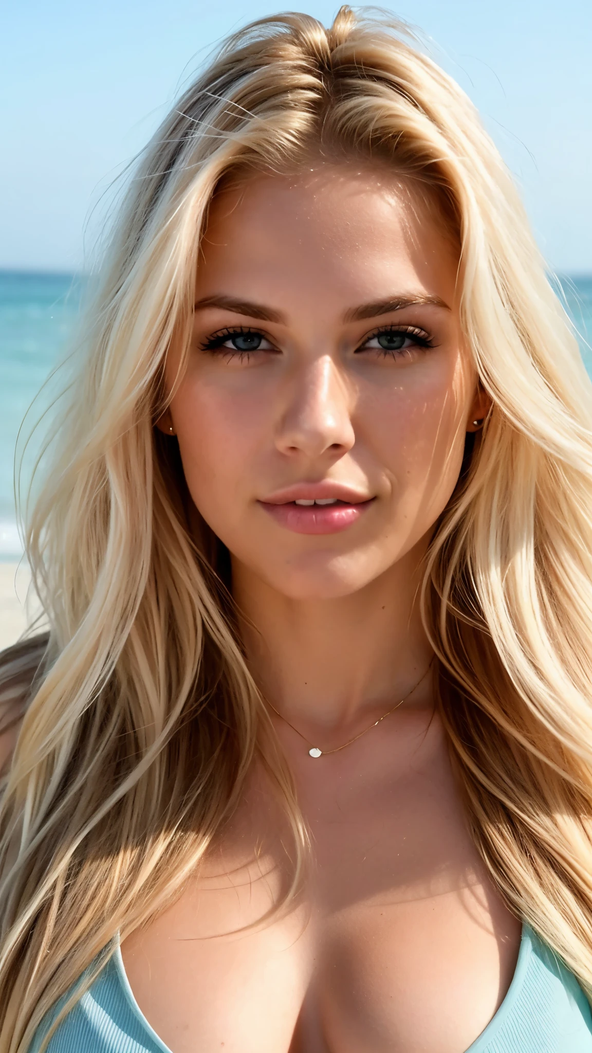 Generate an image of a 23-year-old blonde woman with hyper-realistic features. Maintain long blonde hair with light brown roots, large breasts, and dress her in a casual beach setting."