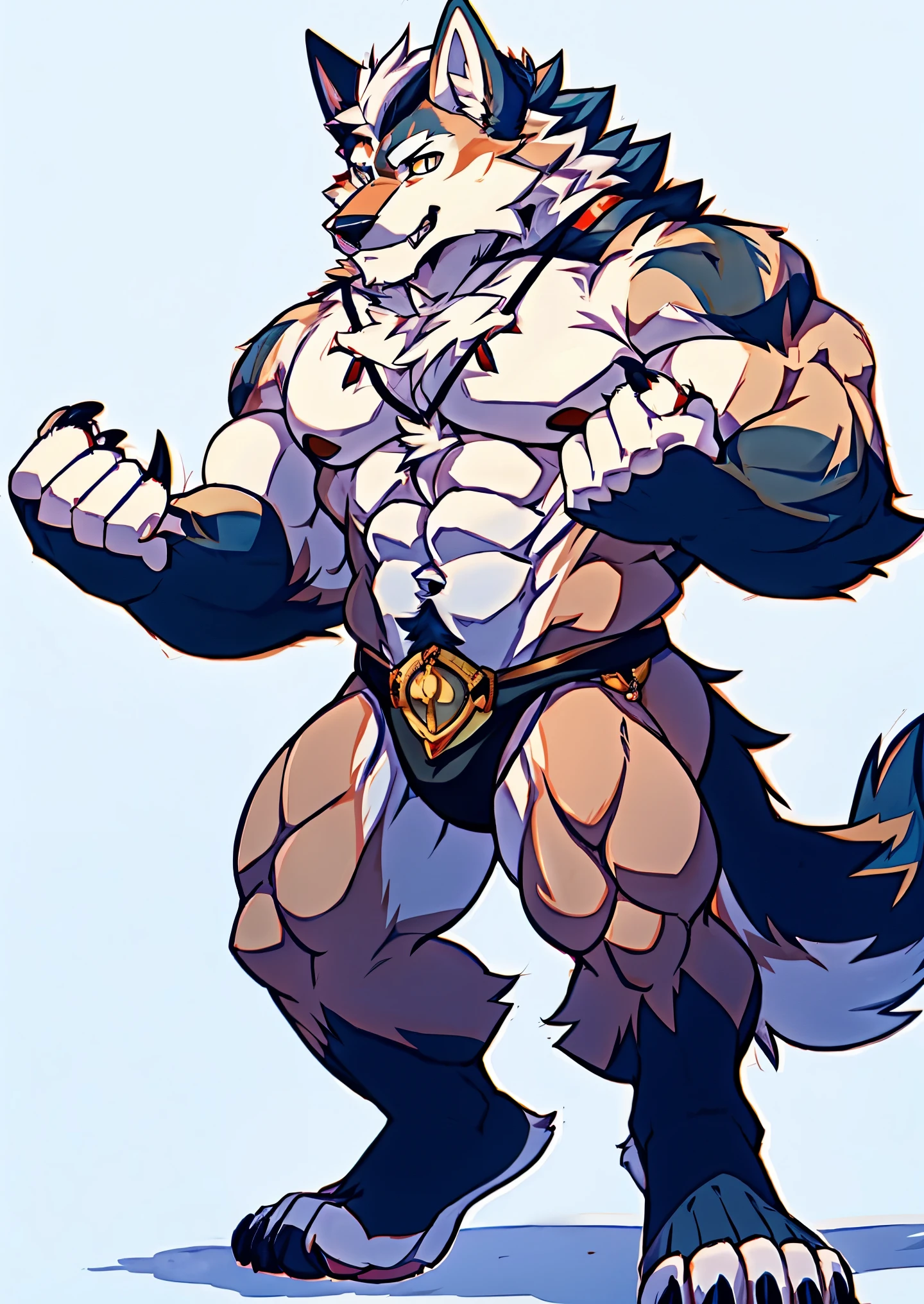 Human-wolf,musculous,Hairy all over,clawed paws,erect through