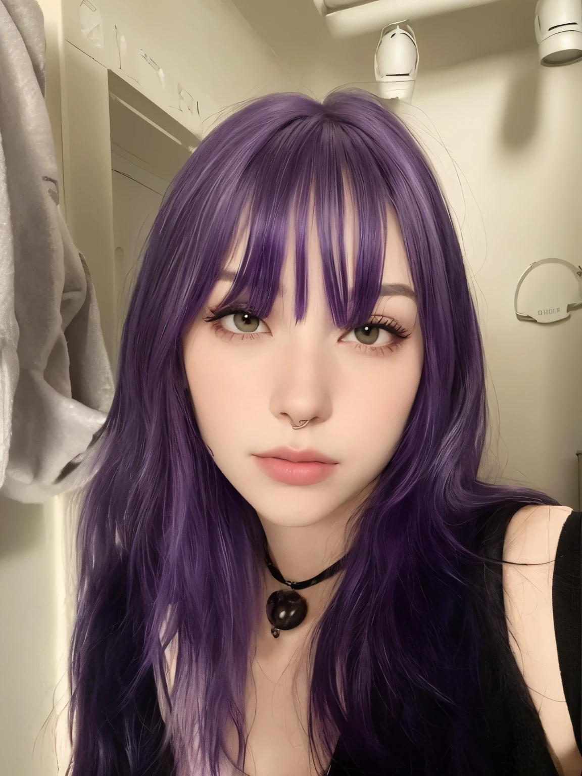 arafed woman with cabelo roxo and a black top posing for a picture, pale skin and purple eyes, cabelo violeta, dark cabelo roxo and cybernetics, she has cabelo roxo, cabelo roxo, dark cabelo roxo, neat hair com franja, Bela Delfina, com franja completa, cabelo longo violeta, com franja, cabelo longo roxo, purple head