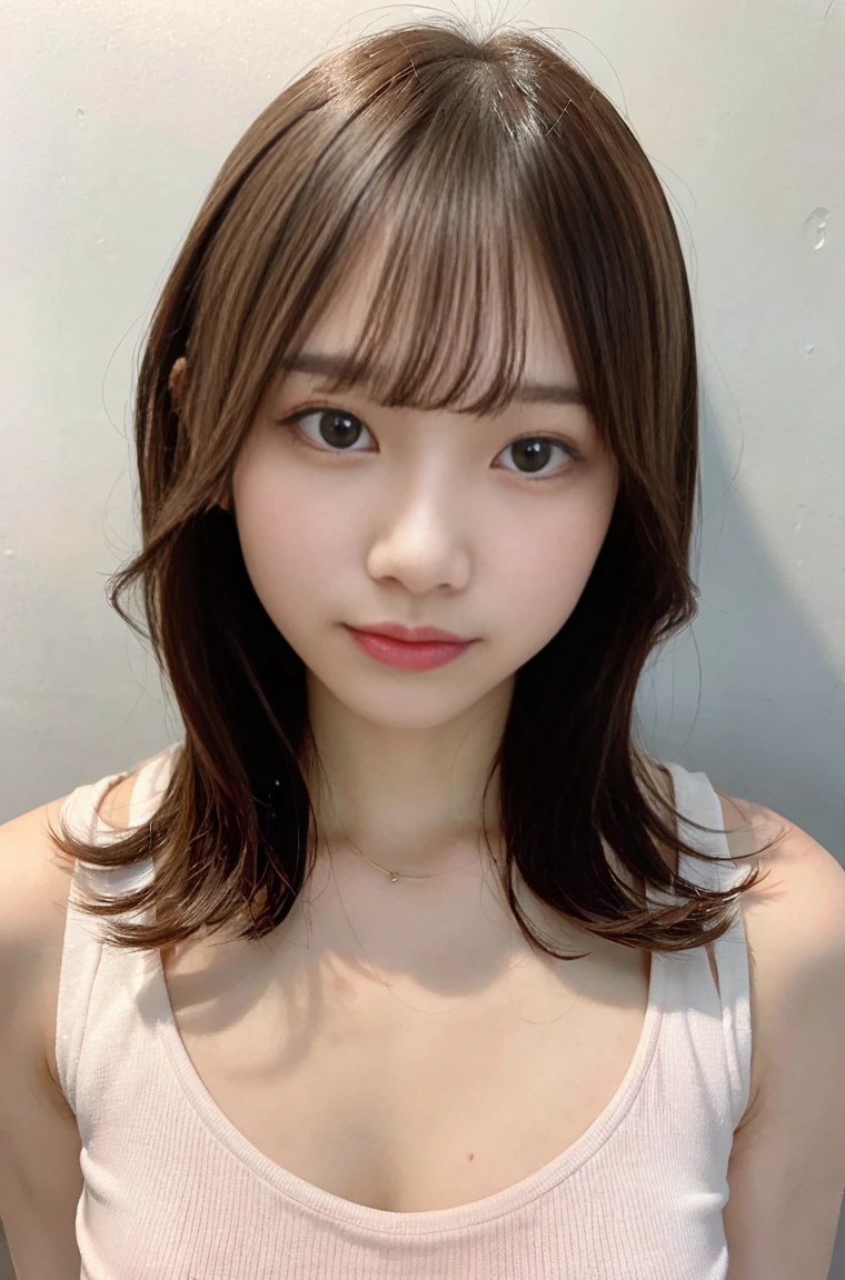 A beautiful woman with a gentle and charming Japanese spirit, half body photo, delicate and sexy clavicle, Attractive plump face, double eyelid, smart droopy eyes, pink lips, small upturned nose, small breasts, bare shoulders, concentrated face, close up of face, ultra high resolution, Sexy underwear