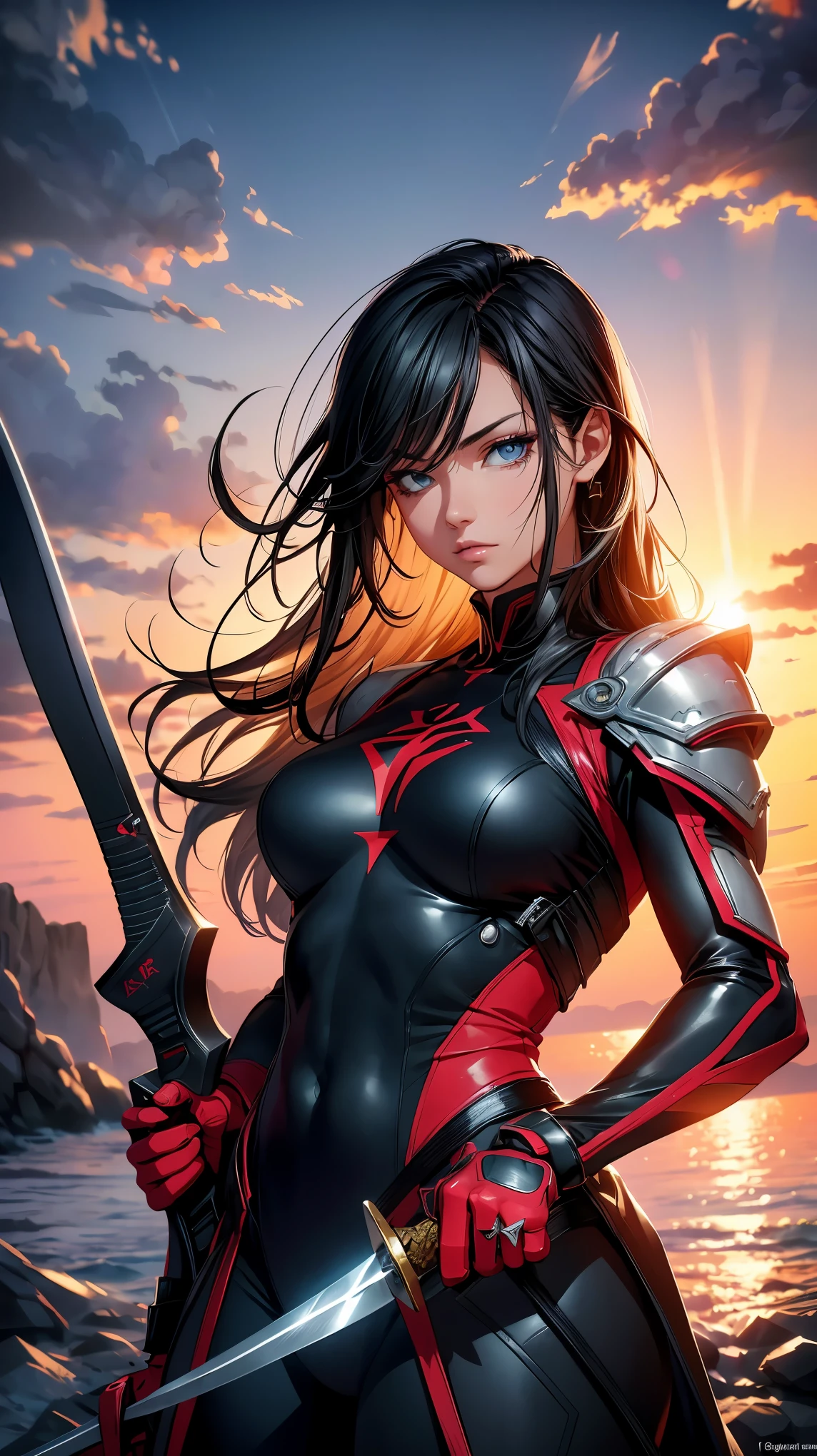 (8K, RAW photo, 最high quality, masterpiece: 1.2), High-definition RAW color photo, Professional photo shoot, cinematic light, alone, Girl wielding a big sword、Chopper knife, Executioner, An illustration、Face and eye details、flowing hair、strong and determined look、Beautiful sunset background、最high quality、Super detailed、real:1.37、Bright colors、dramatic lighting、heroic pose、HDR、sharp focus, staring eyes, beautiful skin, shiny skin, perfect fingers, five fingers, anatomically correct, background bokeh, high quality, surreal, bright colors, ((very detailed, photo shoot)),