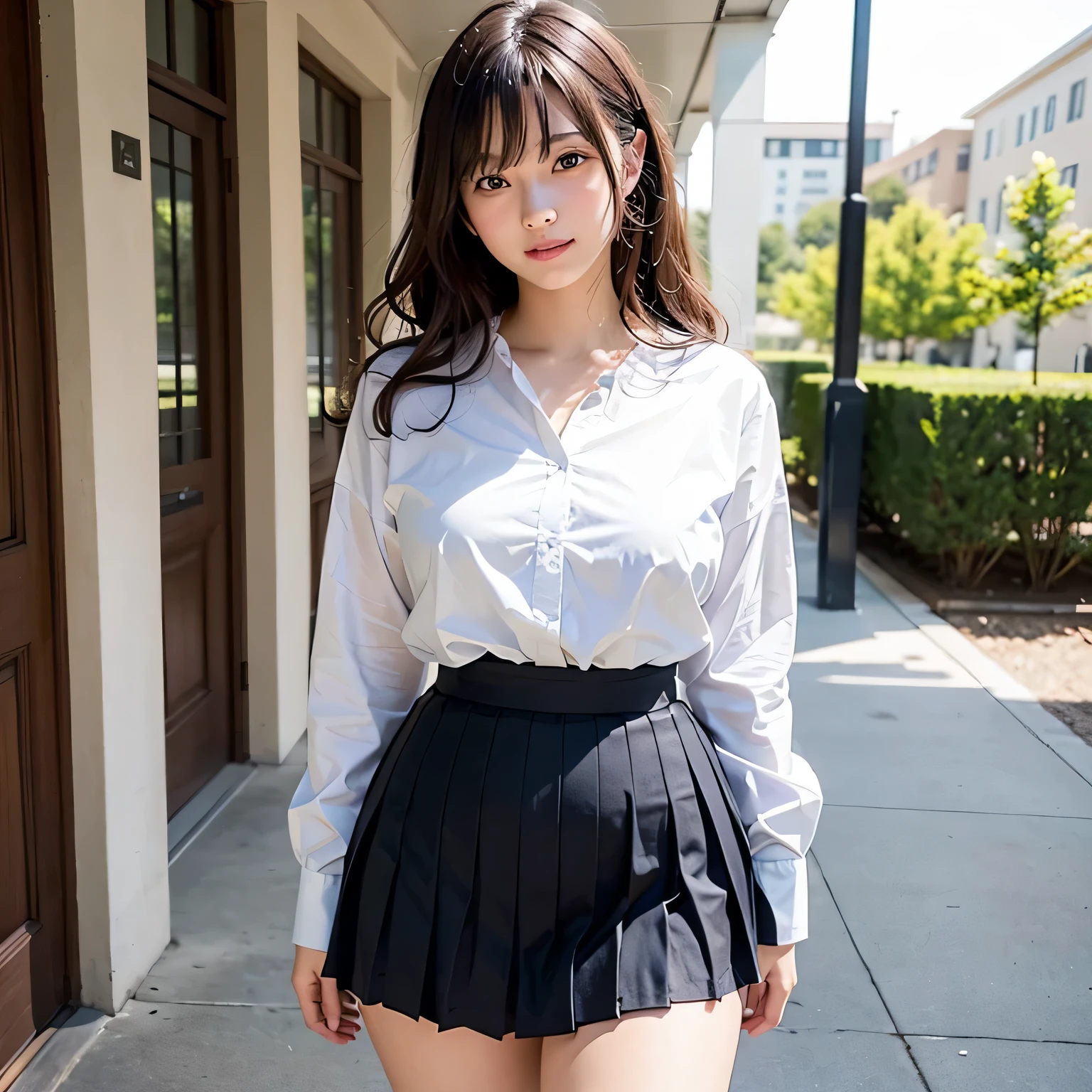 8K, highest quality, real image, intricate details, Super detailed, ultra high resolution, depth field,(realistic,realistic:1.2), 1 girl, very beautiful 17 year old girl, innocent big eyes,、beautiful breasts:1.5、highly detailed eyes:1.2)、(beautiful breasts:1.1)、 (Plain white Y-shirt, dark gray short pleated skirt, white socks), short skirt、wavy hair、curly hair、brown hair、bangs, perfect skin, Fair skin, (huge hips, thick thighs, thick legs), tight waist, light blush, alone, light smile, school hallway
