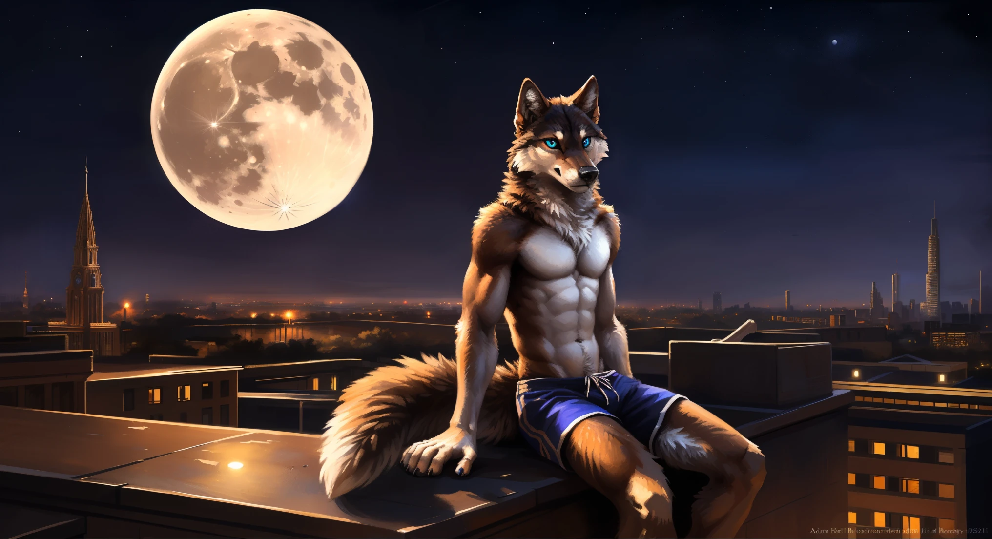 ((Solo)), male people, anthro wolf, (Multi-colored fur, White-brown:1.3), ((Wolf face, Big eyes, White eyelids, Blue pupil, Slim:1.2) (Tough, Calm expression:1.2)), (Height 2.1 meters,Tail length 1.5m), Abs, Slim, pinging, (Correct anatomy), (Work shorts:1.1), (Contour bone:1.2), The upper body is naked, (detailed outfits), a long large tail,Feet,(Realistic fur, Detailed fur texture, labeled:1.3)), (Natural lighting), Photorealistic, Hyperrealistic, ultradetailed, by Kenket,In the modern city,Roof,the night,Sit alone,Look at the full moon,It was dark,Starry