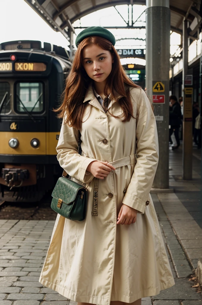I want a photo that looks like it was taken in the 19th century. Let's say there is a 19 year old girl in this photo. Let it be obvious that all of this girl's clothes, accessories and bag are from the 19th century. Let her have red hair and freckles, and have white skin. Stand and wait for the train at a historical train station. Have a cream colored hat. Let her have a short green coat with a motif, fitted to the waist, with puffy skirts, and a cream-colored lace floor-length long dress visible under the coat. Let the girl have cute brown shoes on her feet and a large tan travel bag in her hand. Let the girl's look be a little sad and confused. Let it be a hopeful and excited expression about the future.
Apart from this girl, there are very few people in the train station, but they are not clear, they appear as a blurry, blurry, silhouette.