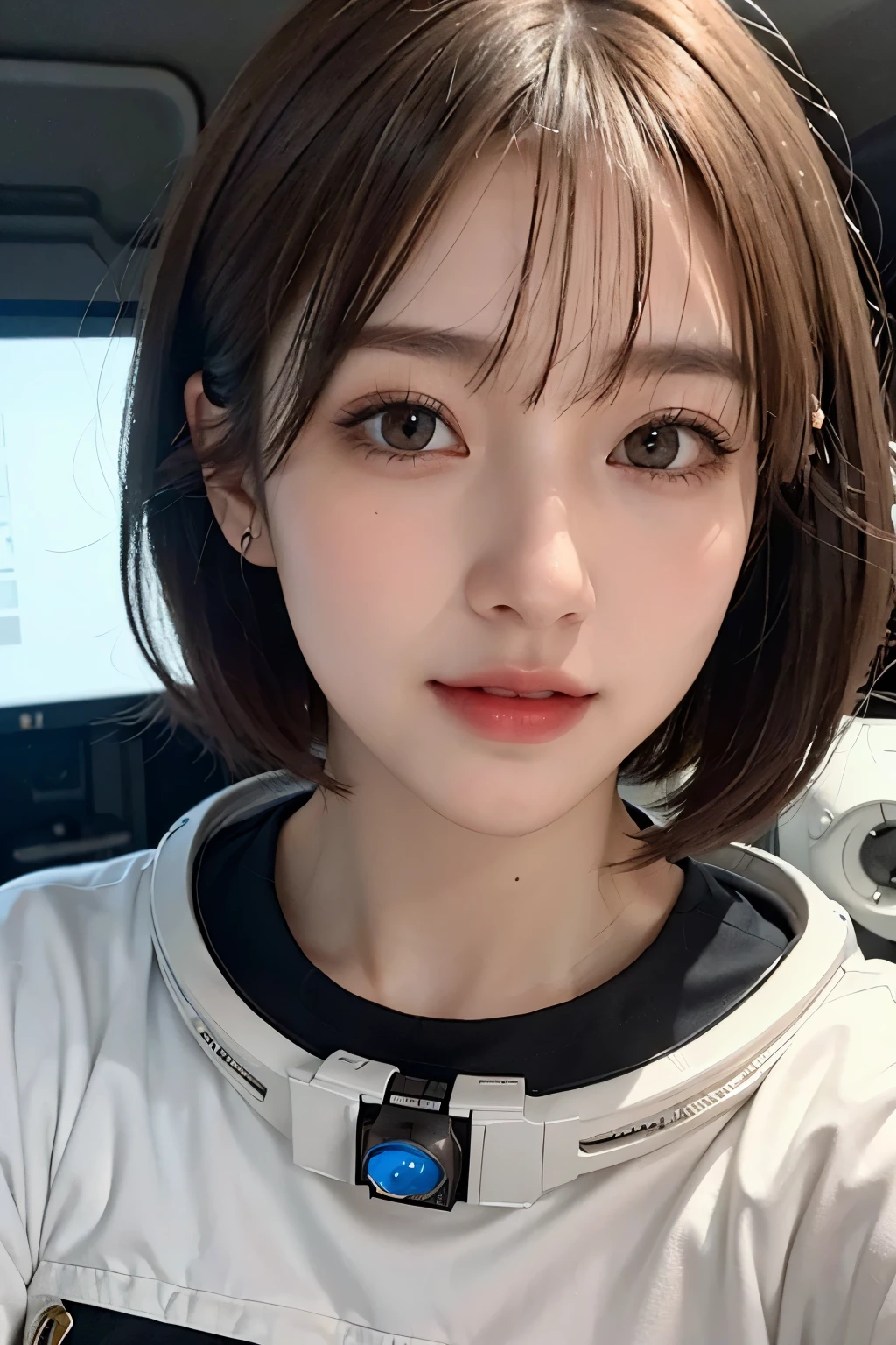 highest quality、masterpiece、ultra high resolution、(real:1.4)、Beautiful woman1、Beautiful details of eyes and skin、smile、light brown short cut hair、The perfect spacesuit、outer space、macrocosm、