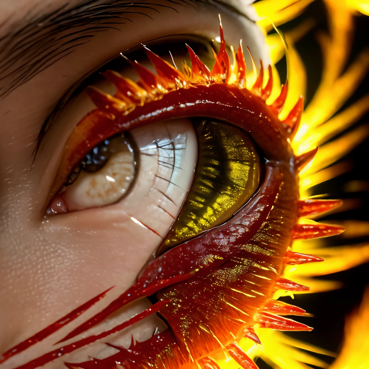 Golden Tenryu,Harsh red eyes,Close-up release of blood fire from the nose,Chest scales,high high quality,8K,Many details,Fire lettuce,Alas,4 legs,Spotted claws,golds,dangers,fires,dentes pontiagudos,big dragon,immensity,threatening,imponent