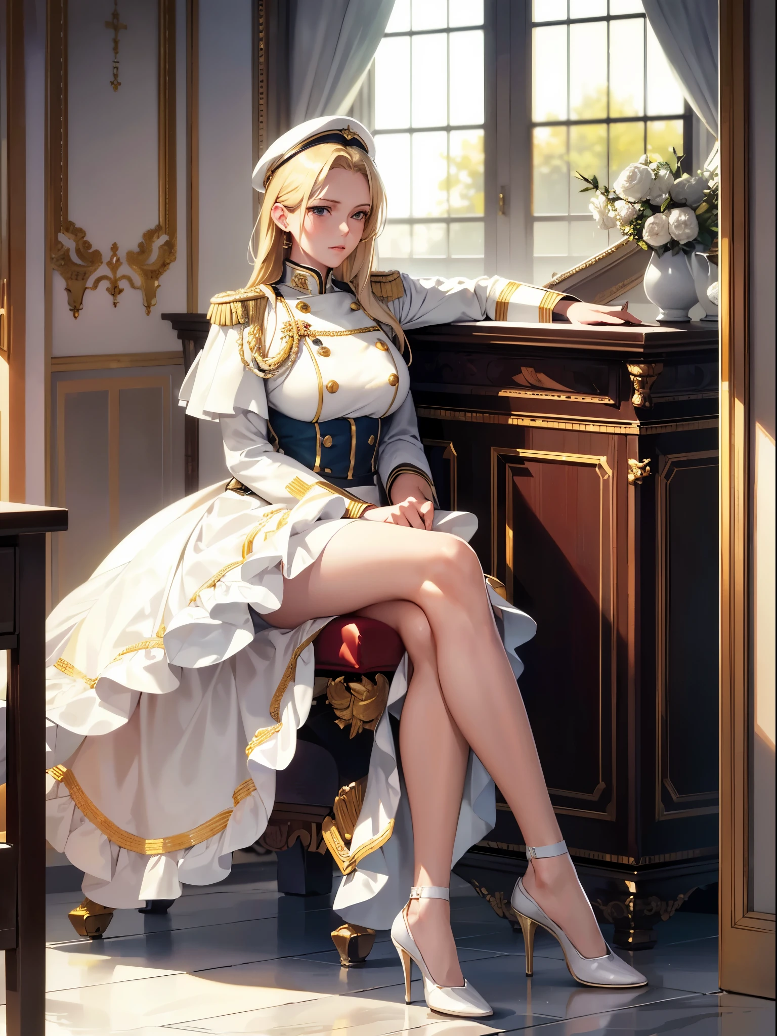 (highest resolution, clearly_image), best quality, masterpiece, Very detailed, semi-realistic, european female, blonde hair , mature woman, full body portrait, exhibit，High heel, sexy，White, White浴装, Medals, magnificent military uniform, beautiful woman, Comfortable bathroom, indoor, commander