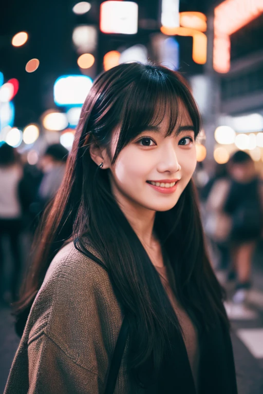 1 girl, tokyo street,night, cityscape,city lights,Upper body,close,smile,, (8K, RAW photo, highest quality, masterpiece:1.2),(realistic, photo-realistic:1.37),