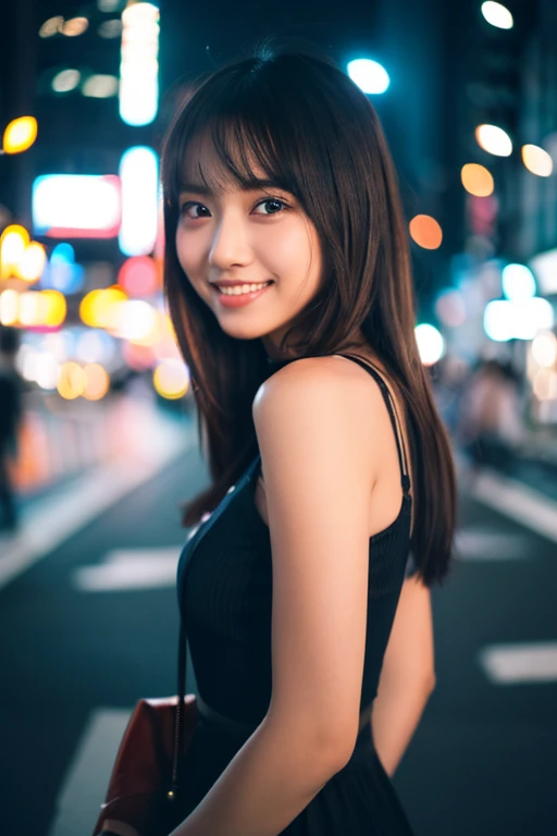 1 girl, Tokyo Street,night, Streetscape,City lights,Upper Body,close,smile,, (8k, RAW Photos, highest quality, masterpiece:1.2),(Realistic, photo-Realistic:1.37), Shortcuts
