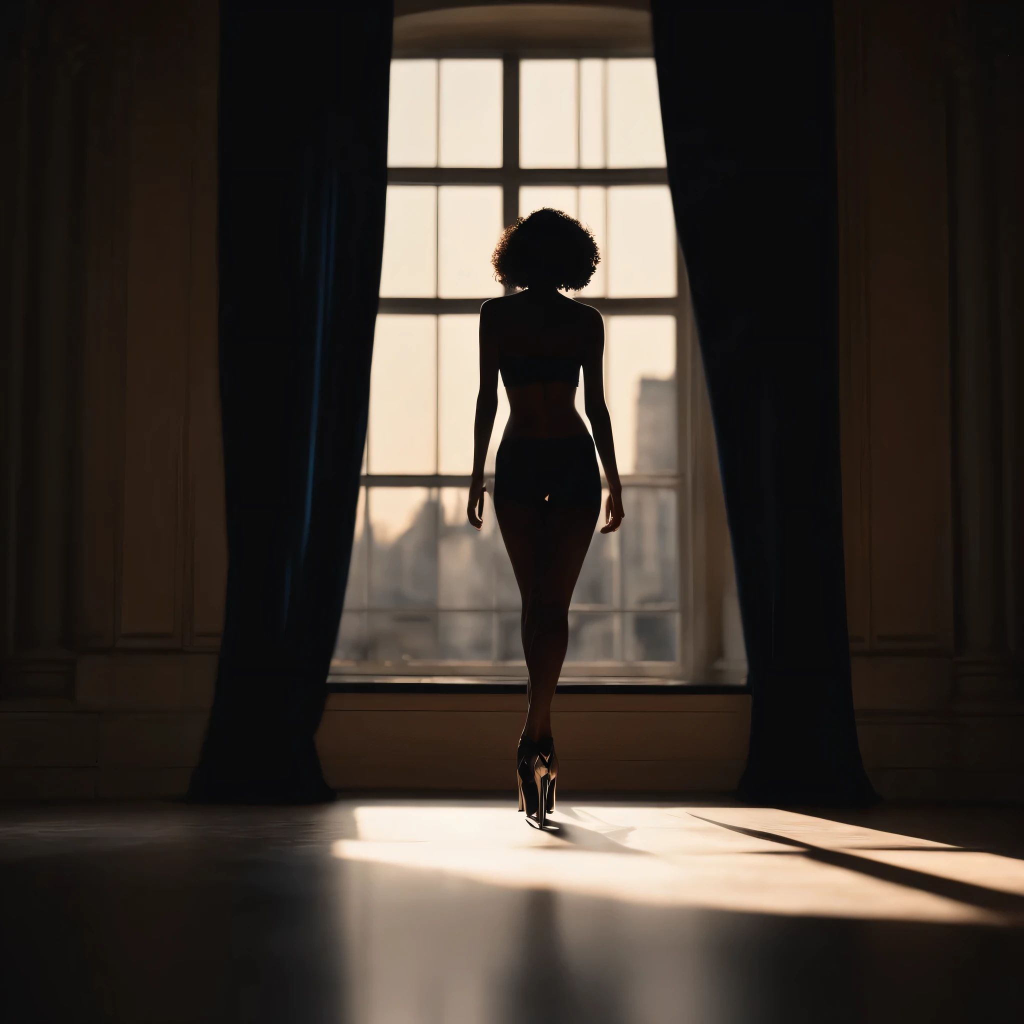 (Silhouette art,best quality,top quality,masterpiece,4k,)(fashion models), (((arte em papel cortado,A world where only black exists:1.2), (style of 90s anime portraition),1lady,Solo,slim body,perfect female shape,epic quality,graceful dancing,elegant posture, (profile:1.2),ray tracing,movie level lighting,Cinematic storyboard,high heels,Moonlight,The window behind,beautiful thighs,thin thighs,Delicate legs,beautiful legs,sexy legs,long legs)),Slender, sunder (Dark moon) Textured glass background,staying in a completely dark World,