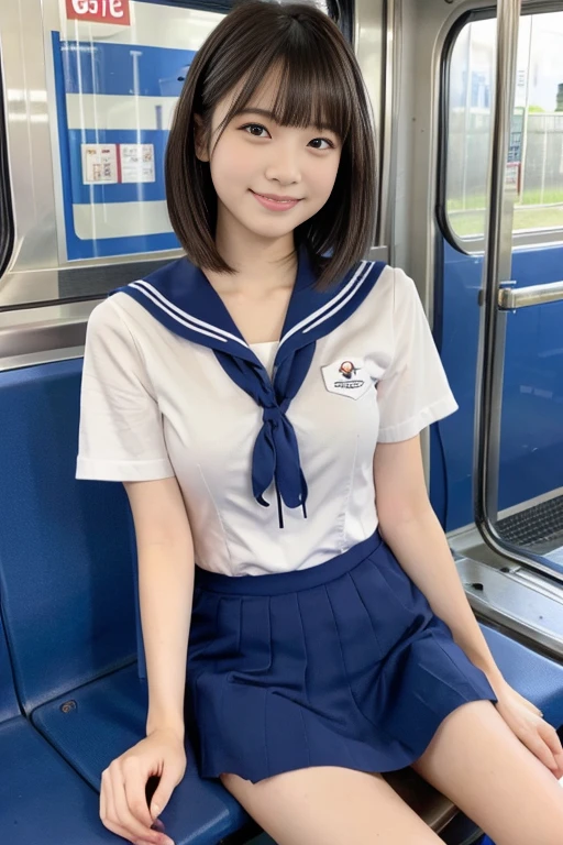 (masterpiece,highest quality,Super high resolution),japanese girl, （very beautiful 14 year old girl）, naive girl、(perfect limbs、perfect anatomy),((bob hair)).cute sailor suit、short sleeve sailor suit、navy blue skirt、pure white、beautiful skin、Moist eyes、Brown glittery hair、Colors and landscapes of youth、Feeling of love, embarrassing smile、in the train,  Are standing, 