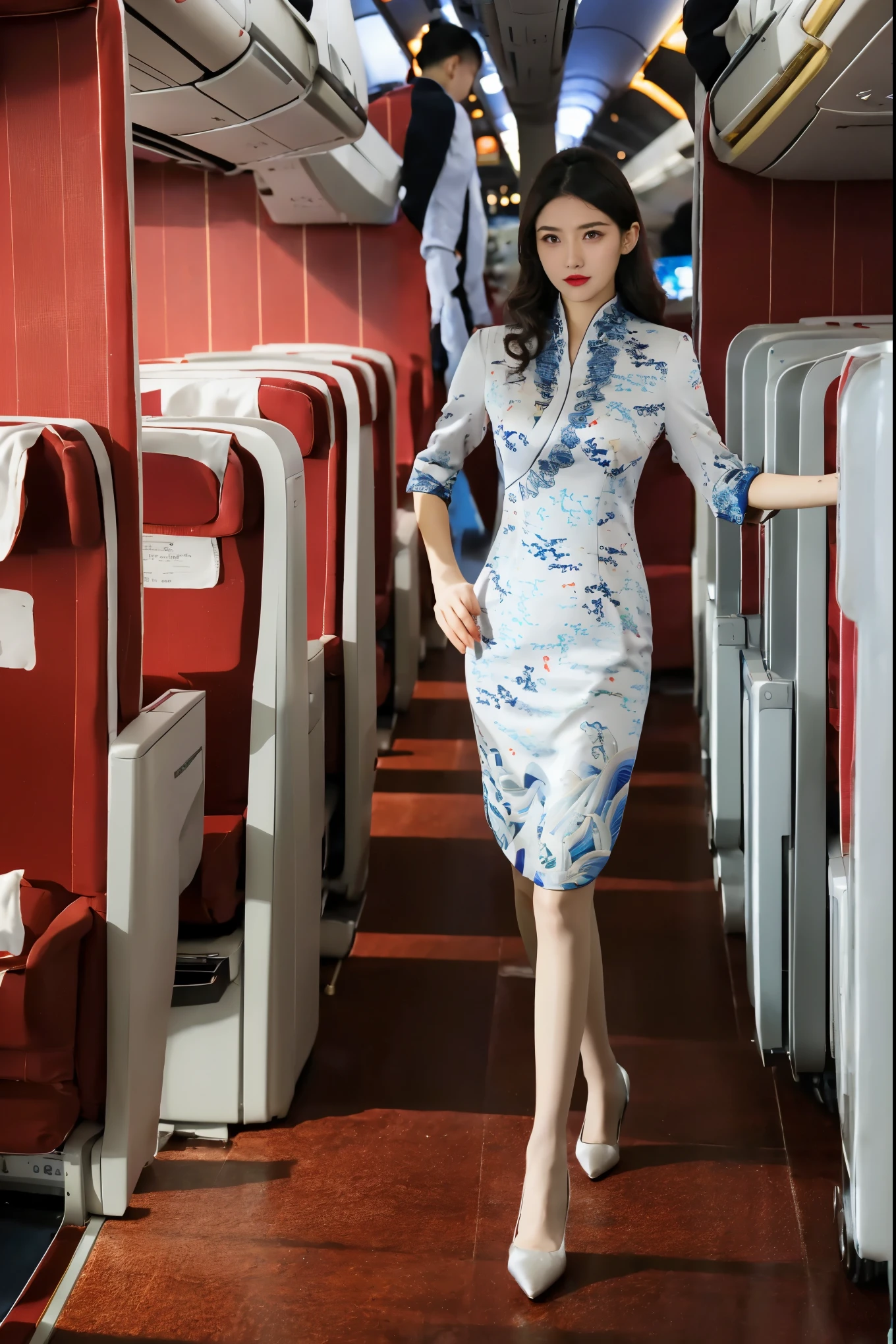 best quality, full body portrait, delicate face, pretty face, -yeld wo, slim figure, big bust, Airline stewardess，Stiletto high heels，wavy long hair，On the plane，big eyes，red lips，Heavy makeup，Ultra-thin flesh color，