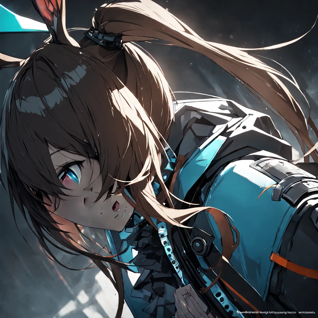 1girl, amiya \(arknights\), arknights, dirty face, close-up, cinematic angle, foreshortening, dark, dark background, masterpiece, best quality, official art