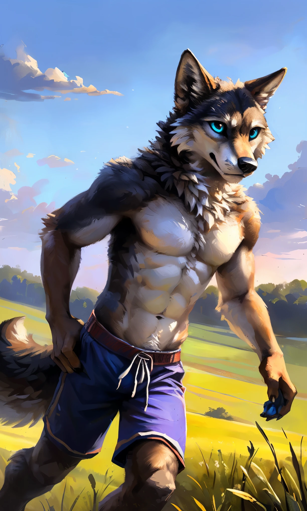 ((Solo)), male people, anthro wolf, (Multi-colored fur, White-brown:1.3,White tail pointed), (Height 2.1m,Tail length 1.2m), ((Wolf face, Big eyes, White eyelids, Blue pupil, Slim:1.2) (Tough, Calm expression:1.2)), Abs, Slim, pinging)), (Correct anatomy), (Work shorts:1.1), The upper body naked, (detailed outfits),A long big tail,Feet,(Realistic fur, Detailed fur texture, labeled:1.3)), (Natural lighting), Photorealistic, Hyperrealistic, ultradetailed, by Kenket,Field,erect through,Running on
