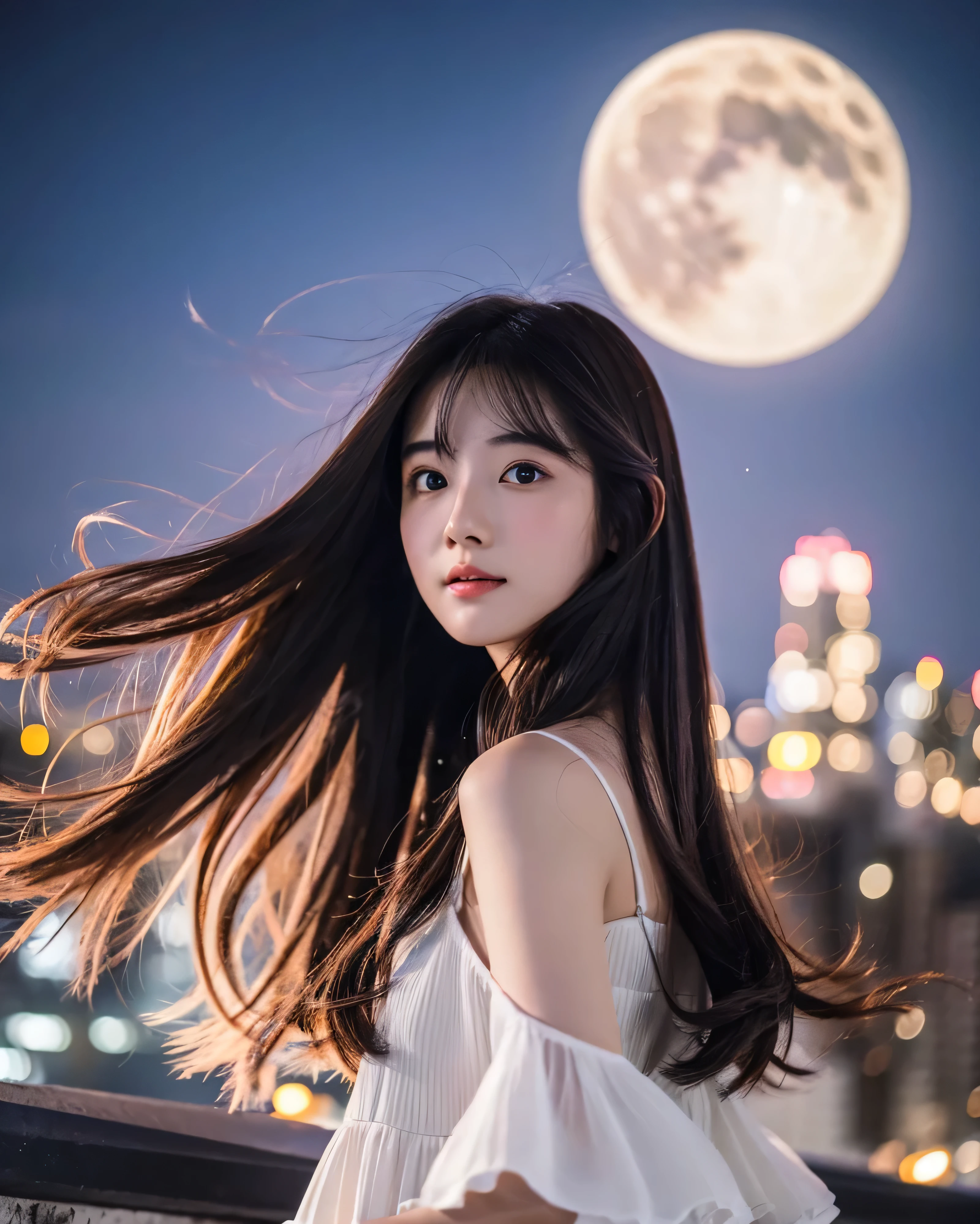 beautiful japanese girl　fine hair with complex colors　long hair fluttering in the wind　white dress　detailed beautiful eyes　smooth soft skin　night　starry sky　abnormally large moon　standing at the top of the metropolis　Very big full moon　professional lighting　professional photographer