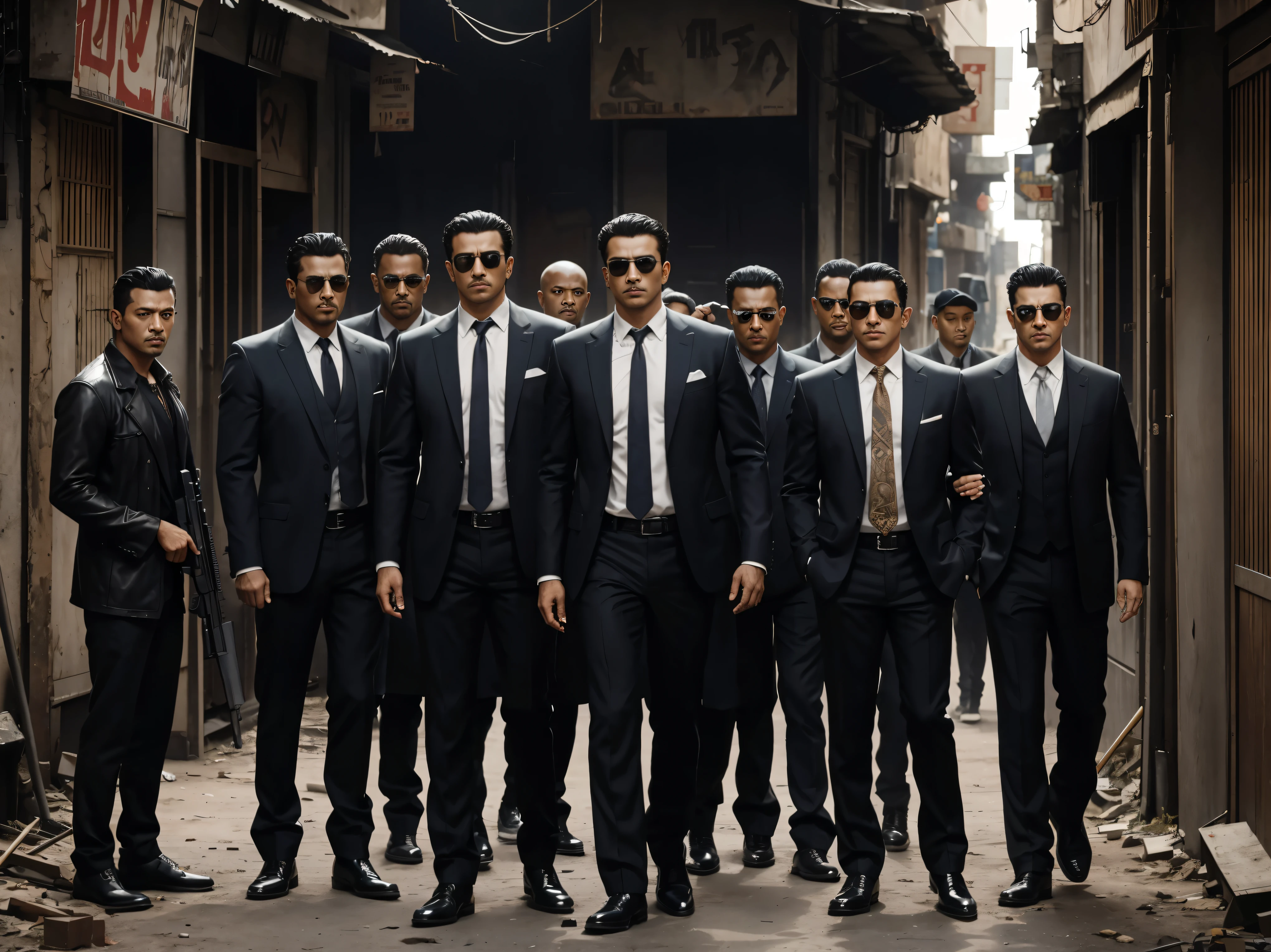 movie poster, Image of Arafed a group of eight friends standing in a dirty area, cool, orderly and cool composition, with guns, wearing cool clothes, handsome guy, gangster, mafia