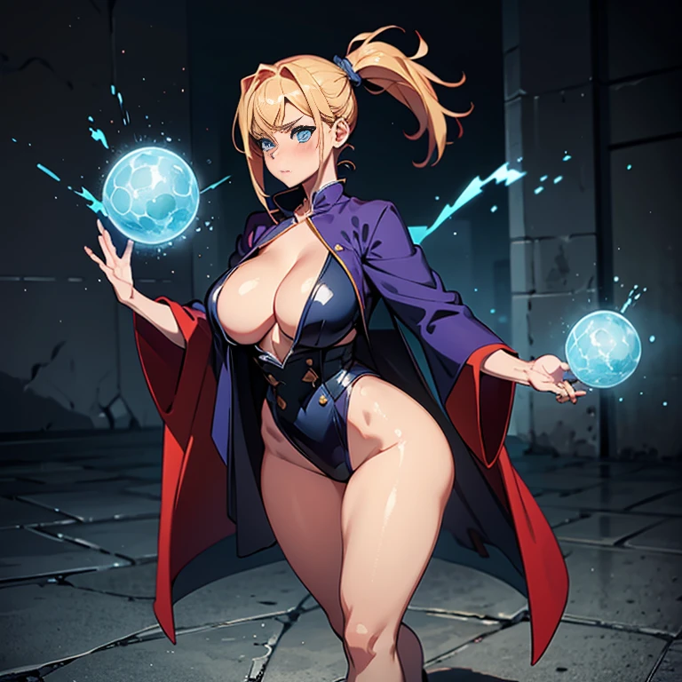 great quality, (1 women), nobara, perfect eyes, (standing), (wearing mage robe), mage robe, magic, (casting), long torso, (blonde ponytail), full body, (casting spell), blue flashes of light, blue sparks, in battle, (large tits), massive ass, thick thighs, (long torso), wide waist, skinny torso, fit, perfect face, sexy, (blushing), 