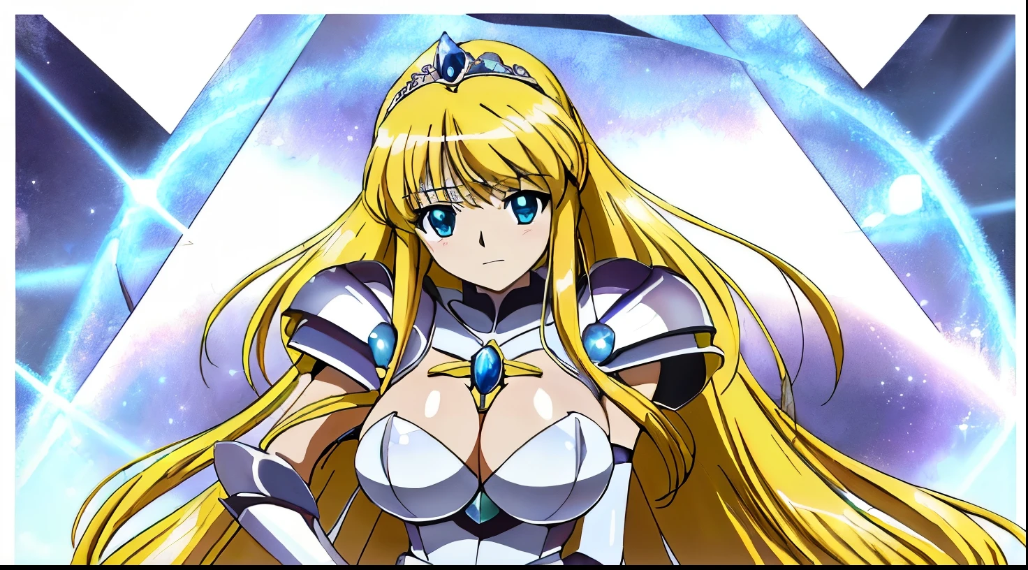 Close-up of a girl in a white leotard holding a sword, blonde girl, portrait knights of zodiac girl, In shining sapphire armor, 魅惑的なprincess night, knights of zodiac girl, Dressed in light armor, Tits, big breasts, with large breasts, Leotard Armor Girl, princess night, Shiny sapphire armor, Glossy sapphire armor, princess intergalactica, Crystal Sapphire Armor, Sapphire Princess, princess night, Sapphire reflective armor, rei hino as a princess, digital manga art, magical girl anime mahou shojo, Smooth anime CG art, High Quality Anime Art Style,