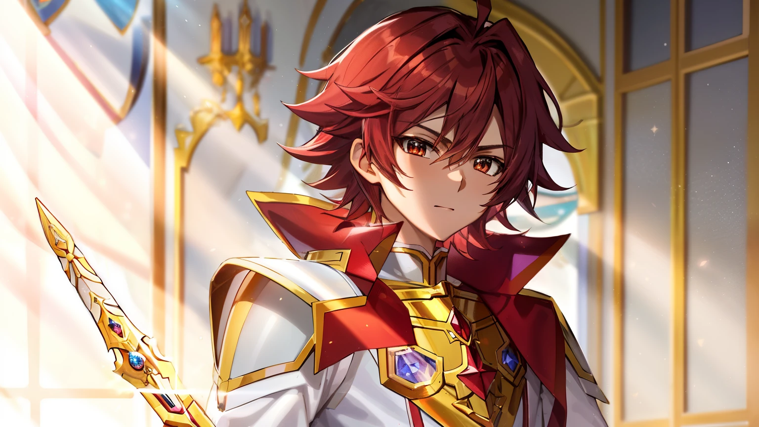 Close-up of a boy wearing a white leotard costume with a sword, Knight of Zodiac Boy, Portrait Knight of Zodiac Boy, Boy with red semi-long hair, Boy with brown eyes, Muscular boy, masculine and muscular, Shining ruby armor, 魅惑的なPrince Knight, Dressed in light armor, leotard armor boy, Shiny ruby armor, Galactic Prince, Crystal Ruby Armor, Hymns to the King as a Prince, High quality anime art style, Smooth anime CG art, Prince Knight, digital manga art, Magical Boy Anime Mahou Shōnen, Prince of Ruby, Ruby reflective armor