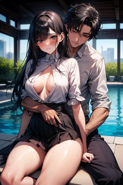 
(a couple having sex) by the pool side, girl, young handsome man hugs her from behind talking in her ear and lifting her, black sexy lingerie,, pubic hair visible, 40k, photo, masterpiece, best quality, dark gray background, (with one girl's immediately open legs), fully open legs with big breasts, an handsome man leaning on her from behind and picking her up and doing different poses. , Blushing, , clenching teeth, , heart pupils, sweaty, whole body wet, black hair, long hair, bending knees, reluctance, watery eyes, big, soaked, small, slender, white shirt, tie, pants visible through short pleated skirt, slouching, hands on hips, closing eyes, reluctance, open shirt, lifting legs