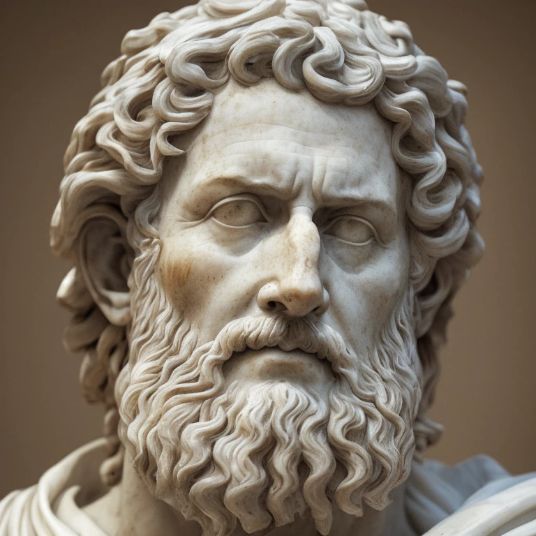 Intelectualmente, A realistic classical marble statue depicts a deeply thinking figure of Marcus Aurelius. His white toga appears translucent, imparting a mysterious and melancholic atmosphere. The introspective expressions on his face are captured in great detail, evoking a sense of seriousness and depth. The pure white lighting of the scene highlights its distinctive features, creando un efecto visual impactante y de alta calidad en 8K.