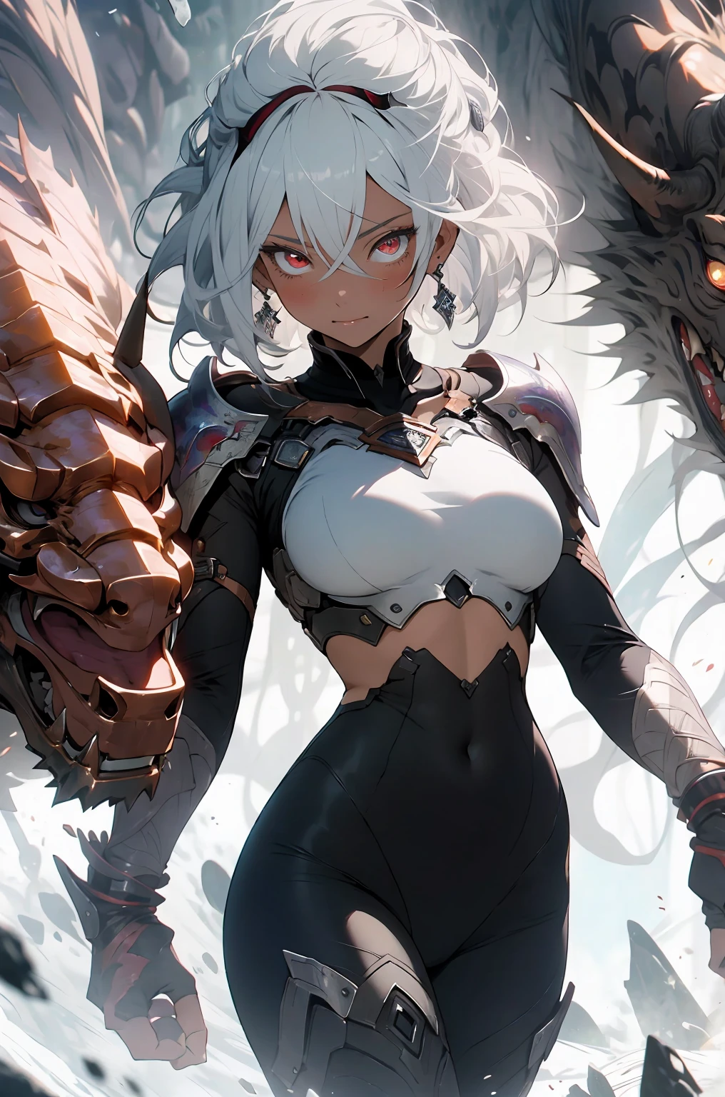 make it realistic，（masterpiece，highest quality，highest quality，very detailed，fractal art，most detailed，（background is abstract：1.5）（1 girl），Kamimei，（hair length），（Shining red eyes and beautiful white hair、big breasts，trained abdominal muscles)，crystallization，high leotard，sexy，machine armor、devil&#39;s horns、Blake、berserk , (Flame rupture:1.4), 