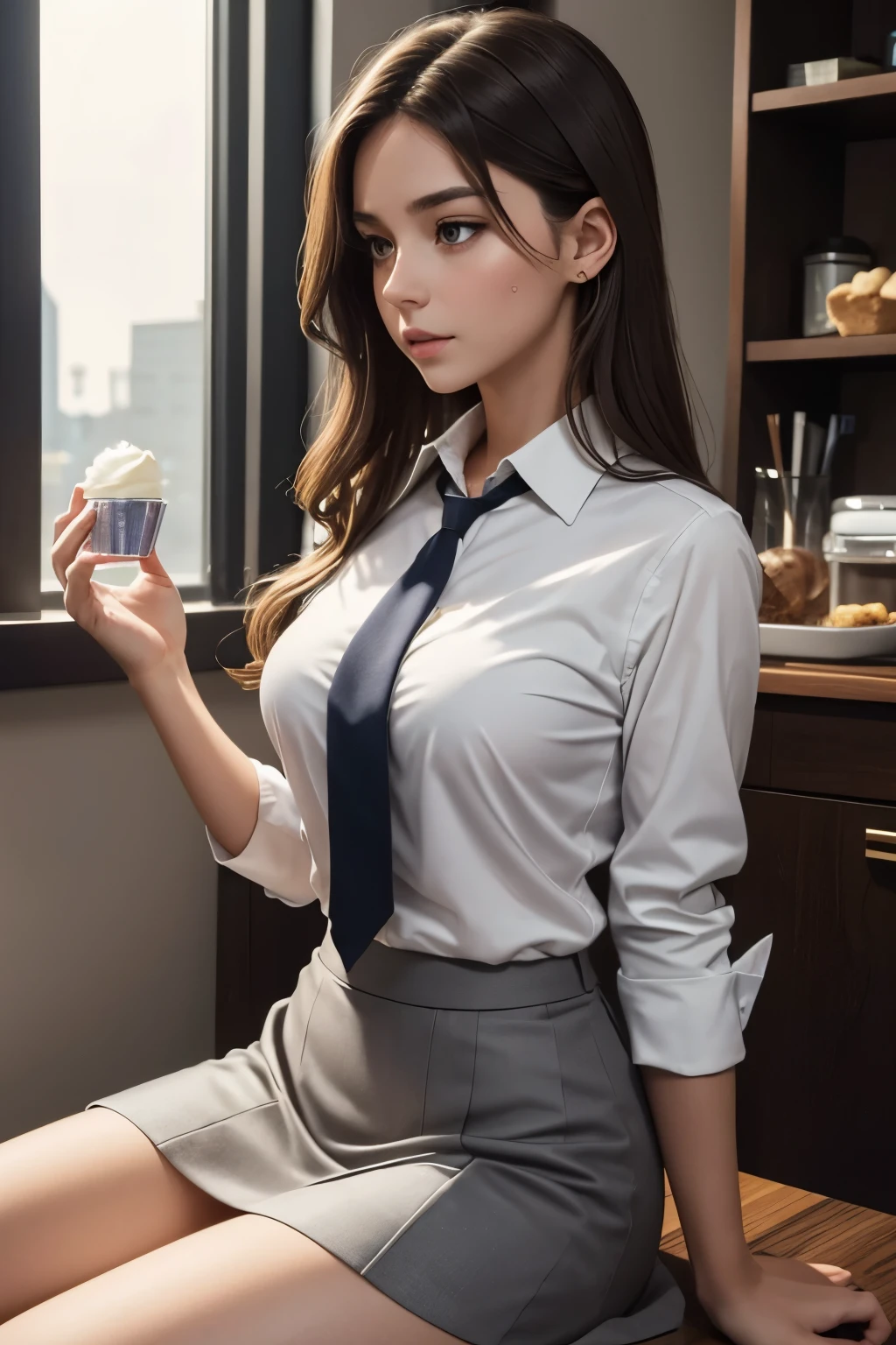 Gorgeous young adult caucasian female, brunette, hazel eyes; anatomically accurate; shapely, toned figure; wearing a white buttoned shirt, a tie and a grey knee-length skirt. She exudes confidence and smartness but is a child at heart, and loves sweet treats and plushies. She is fascinated with the stars. She looks towards the night sky, the stars reflecting in her eyes, sitting beside the viewer—side profile.