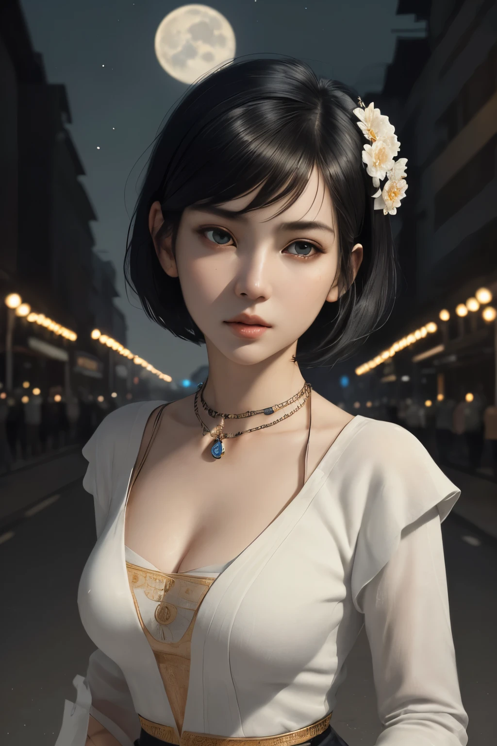 masterpiece, best quality, miranda, (halfbody shot,street lamps,moon),Masterpiece, 1girl, solo exhibition, beautiful woman on the bustling street, surrounded by hawkers, beautiful goddess girl portrait, beautiful and detailed face, porcelain skin, (((bust shot, center, night, black hair, short hair)), super soft lighting, symmetry, complexity, elegance, high detail, realism, art, concept art,