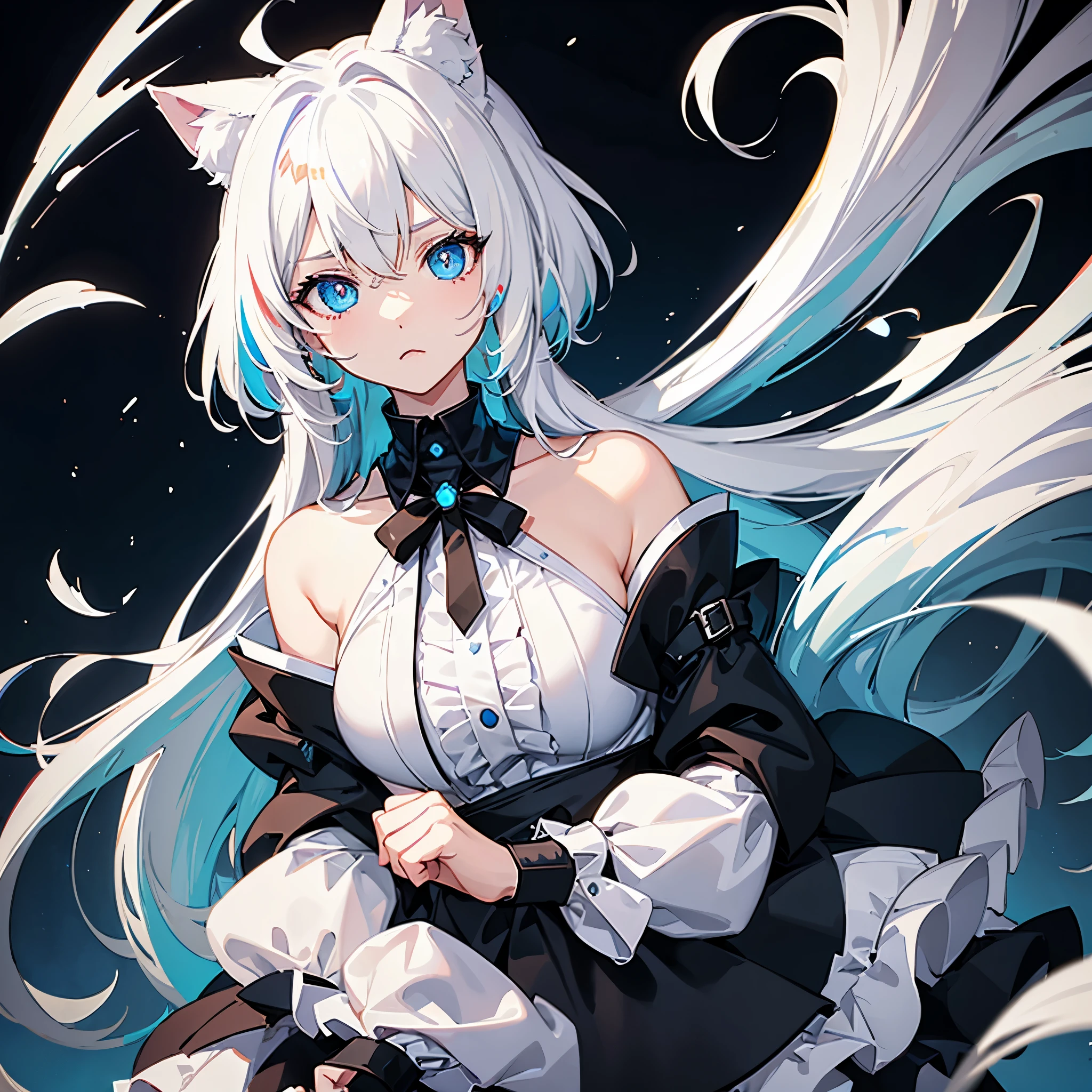 Cat Ear Girl, white hair, galaxy hair, multicolor hair, blue eyes, big breast, sad expression, black cat pet collar, no human ears visable