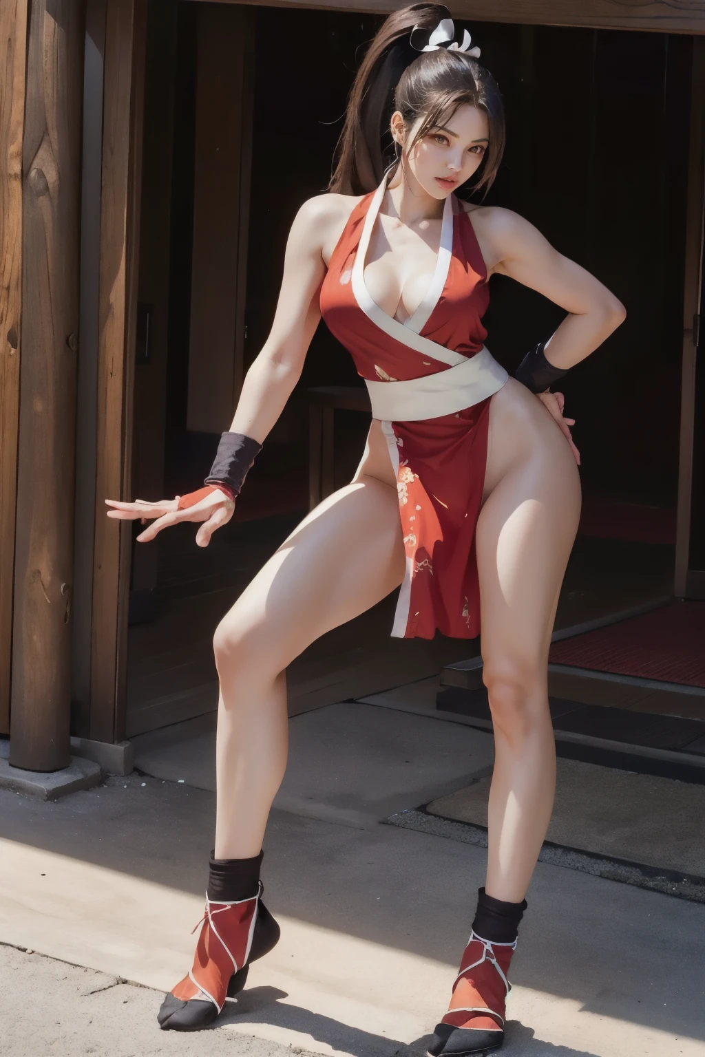(mai shiranui:1.5), (tabi:1.7), (Full body portrait:1.7), (Realism), (master piece:1.5), (Best Quality), (ultra-detailliert), (8K, 4K, Convoluted), (Flat Lighting:1.2), (skinny), Prestige, Brown eyes, Long hair, brown eyes, long hair, brown hair, white ribbon, sleeveless, ponytail, sash, pelvic curtain, arm guards, gloves, tabi, fascinated expression, Sexy eyes, slim, medium breasts, Smile, Cute, view the viewer, Long hair, Close to Japan temple, (breasts focus:1.2), (Realistic:1.2), light Particle, Lighting, (Highly detailed:1.2), (Detailed face:1.2), (gradients), SFV, Colorful, (Detailed eyes:1.2), Detailed temples of Japan, Detailed background, (Dynamic Angle:1.2), Dynamic Pose, (Line of action:1.2), Wide Shot, Daylight, Solo.