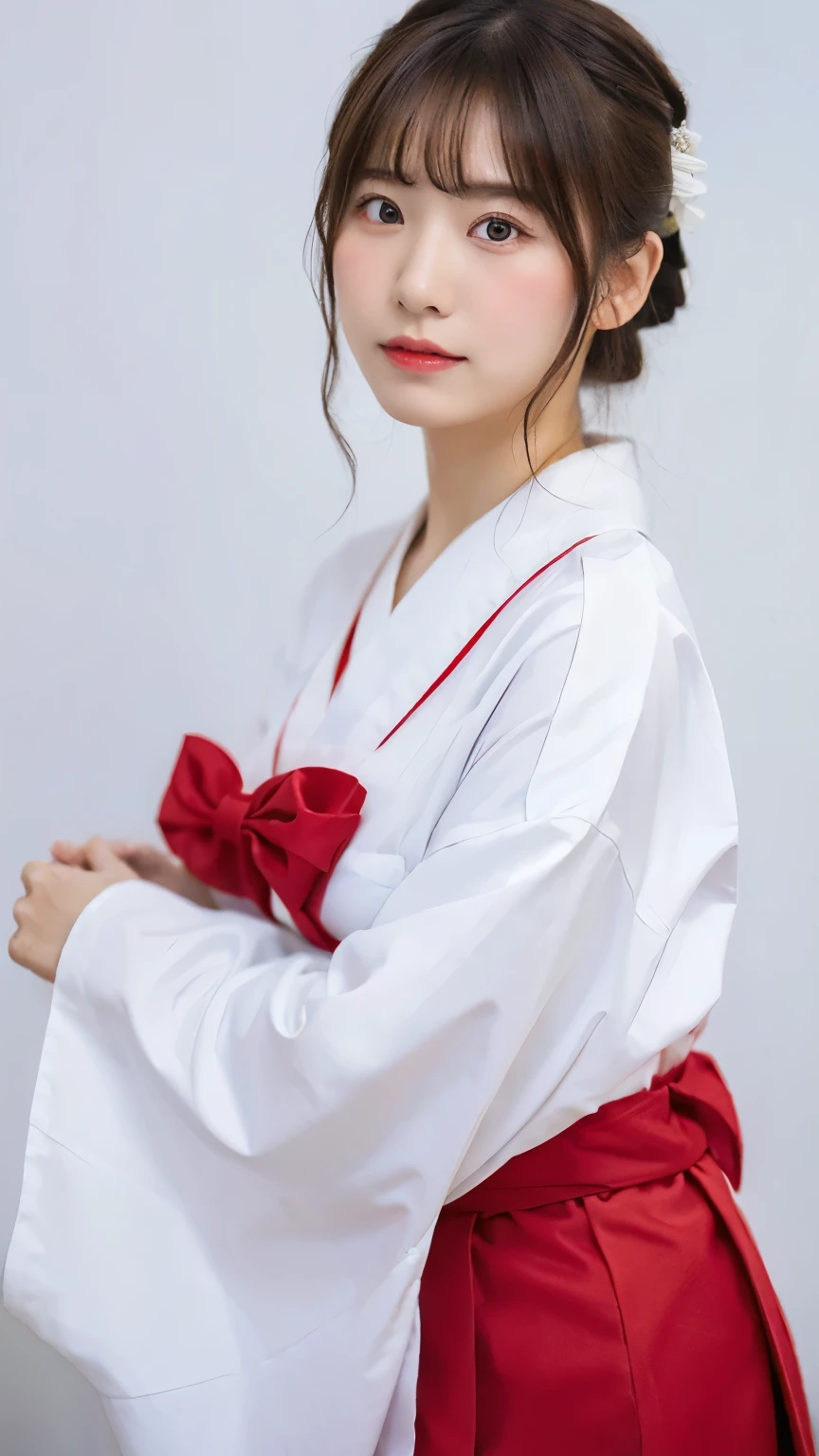 Top quality, one beautiful woman, wearing shrine maiden,white yukata,red hakama,35mm lens, f/1, cowboy shot, (white background: 1.3),