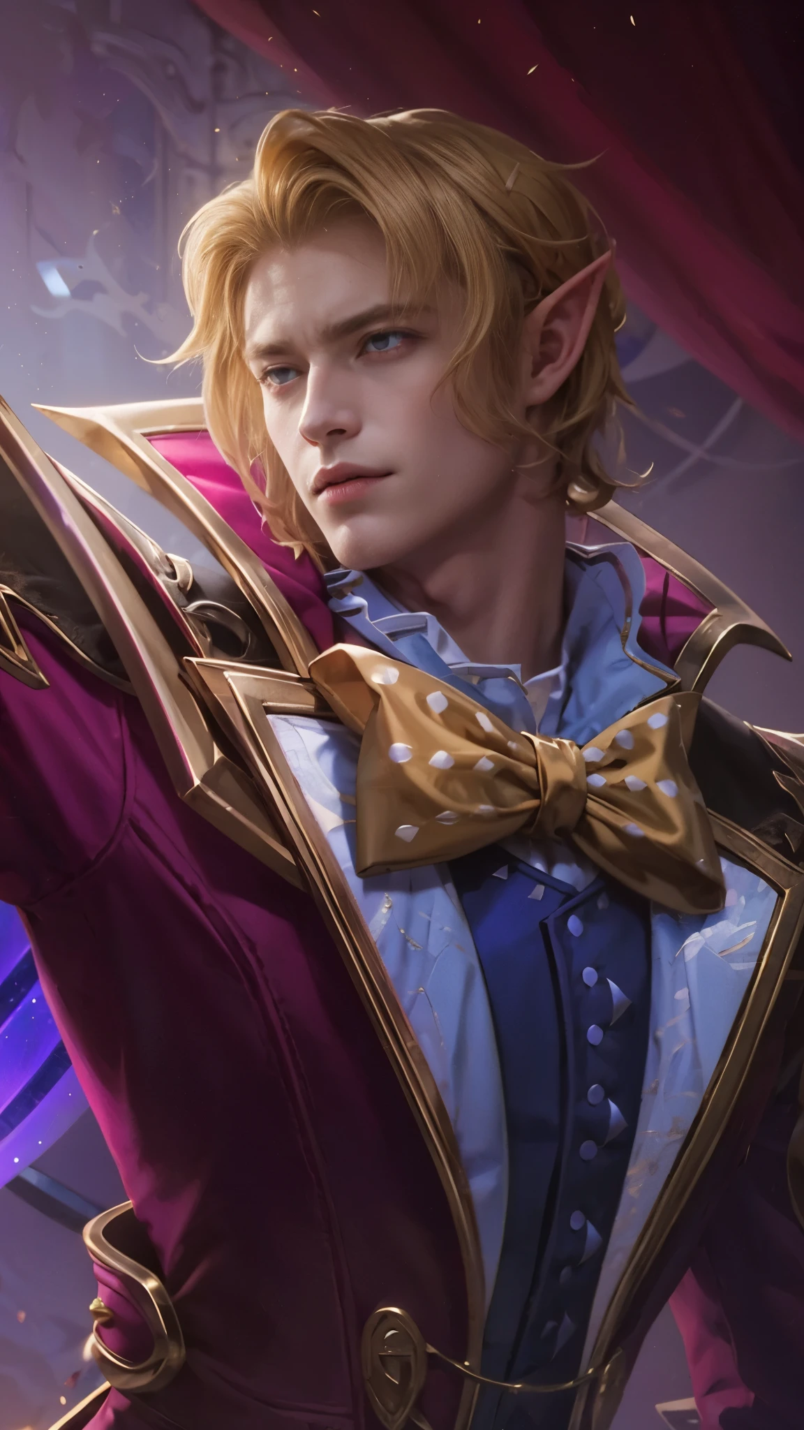 Blonde man, Vampire, Handsome, Edward Cullen, Magician, Elf ears, slightly smile, red eyes, pale white skin, pink coat, yellow ribbon.