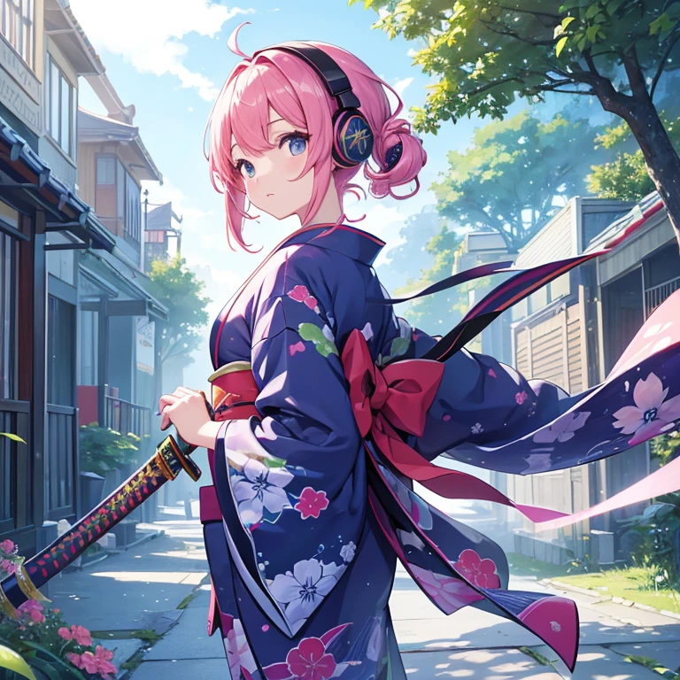 computer世界の風景、colorful kimono、one girl、headphones、(arms、Katana、have a weapon)、like the photo、sparkling、computer、