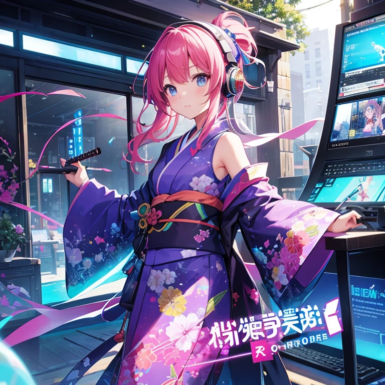 computer世界の風景、colorful kimono、one girl、headphones、(arms、Katana、have a weapon)、like the photo、sparkling、computer、