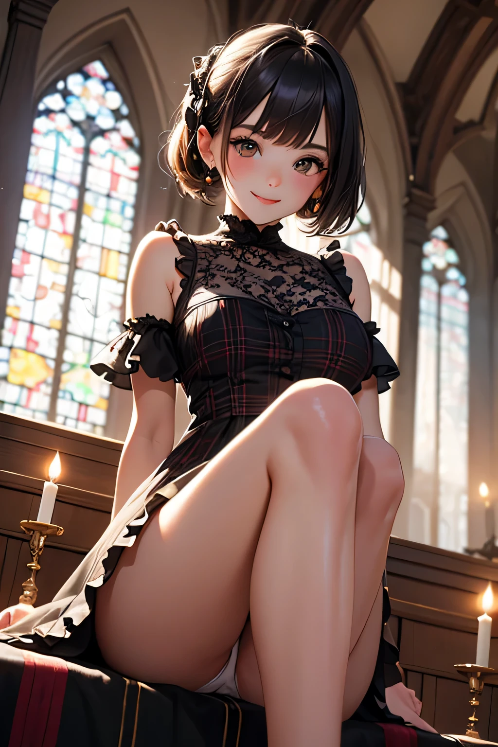 very cute and beautiful girl,(very detailed美しい顔と目:1.2), (smile),blush,black hair,looking at the viewer,Brown plaid ta dress with detailed ruffles,detailed lace, sitting,turn your arms behind your back,spread your legs,(white panties), altar,church,indoors,detailed background, (highest quality,masterpiece:1.2),intricate details,very detailed,High resolution, alone,cinematic lighting,dynamic angle,super detailed,