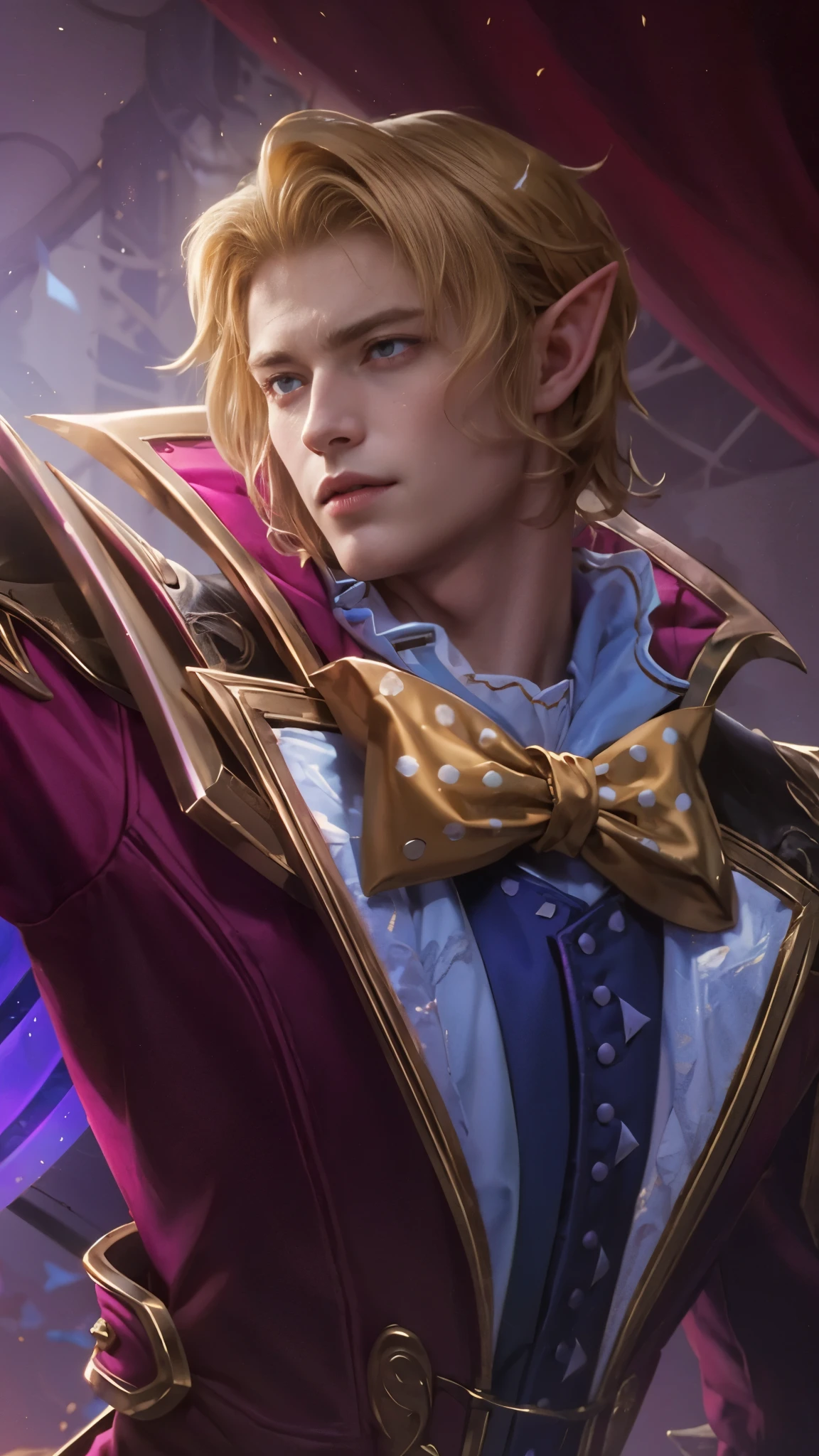 Blonde man, Vampire, Handsome, Edward Cullen, Magician, Elf ears, slightly smile, red eyes, pale white skin, pink coat, yellow ribbon.