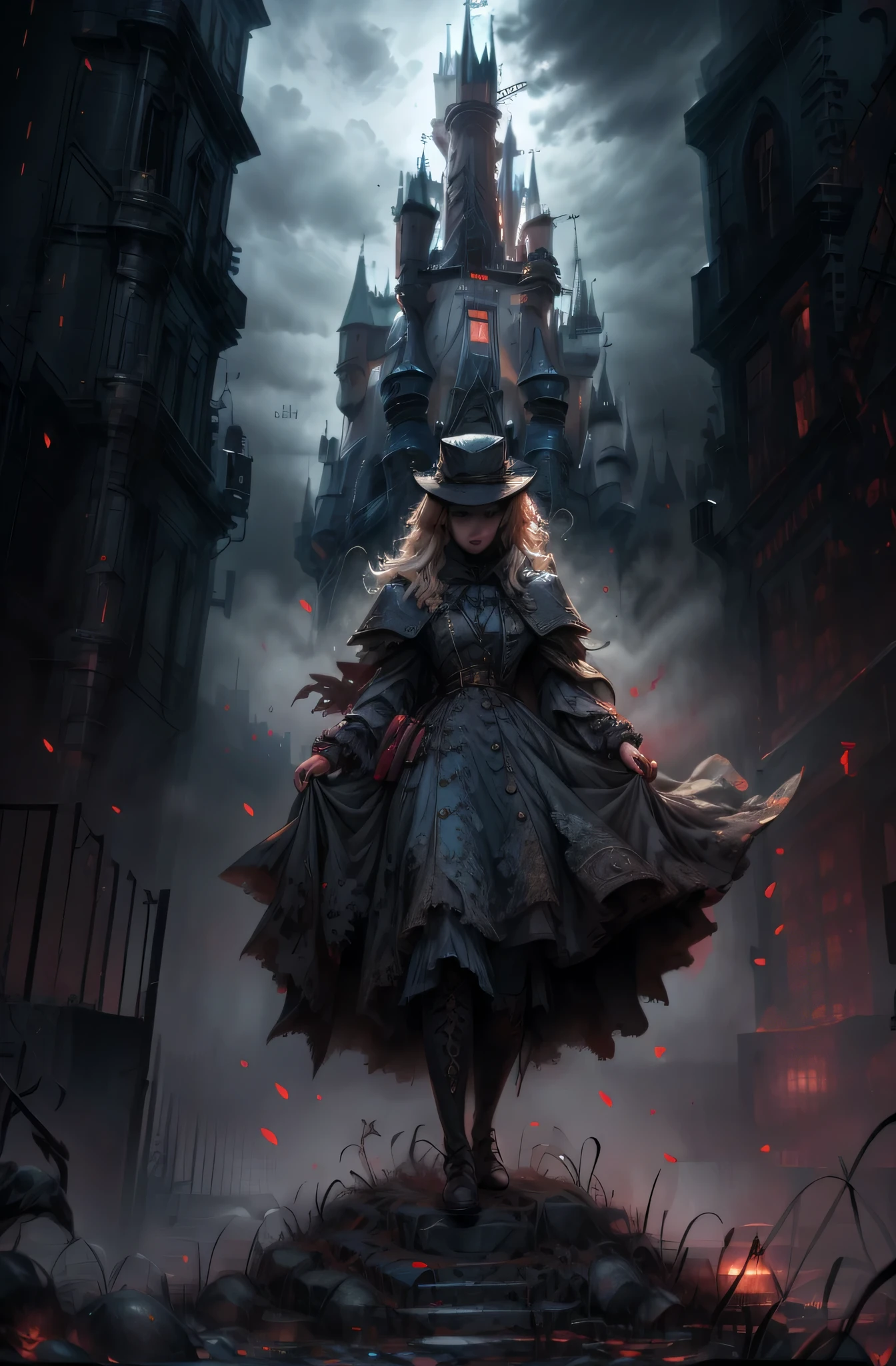 (masterpiece), (highest quality), (very detailed), alice liddell, blue clothes, 白いエProfessionalン, black hairband, white long socks, cute pose, wilderness, Crow, (pool), (((Abandoned Disney castle in the background))), (dark sky), (Wet day), 3D. shape, good highlights, 完璧なProfessionalポーション, dynamic, Professional, Awards, (high resolution skin), (high resolution face), realistic, HDR, ultra high resolution, confused, perfect body shape, (Blood:1.4), Blur, (closed mouth), ((whole body)), a girl is standing
