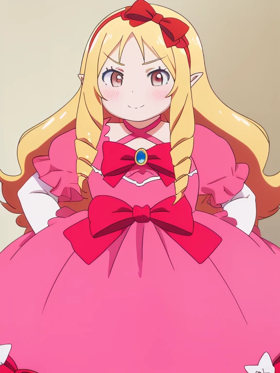 obese yamada elf, dress, hairband, long_hair, pink_dress, red_bow, , 8k, masterpiece, absurdres, anime,