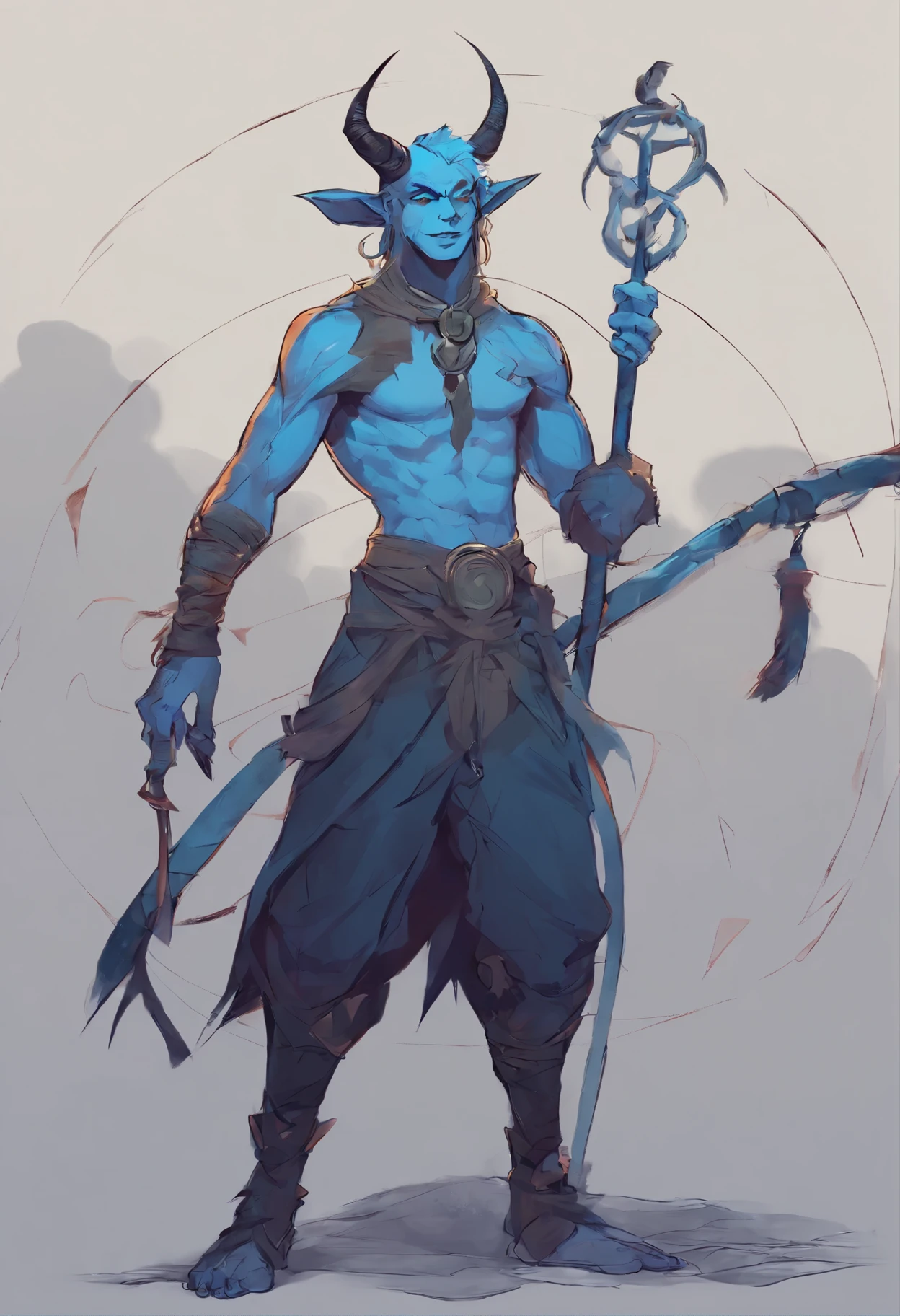 1male, sexy, smug, blue skin, shirtless, holding a staff, tiefling, fullbody, fullbody pose, dynamic pose, creative pose, in the style of zoru, ((semi-realistic))